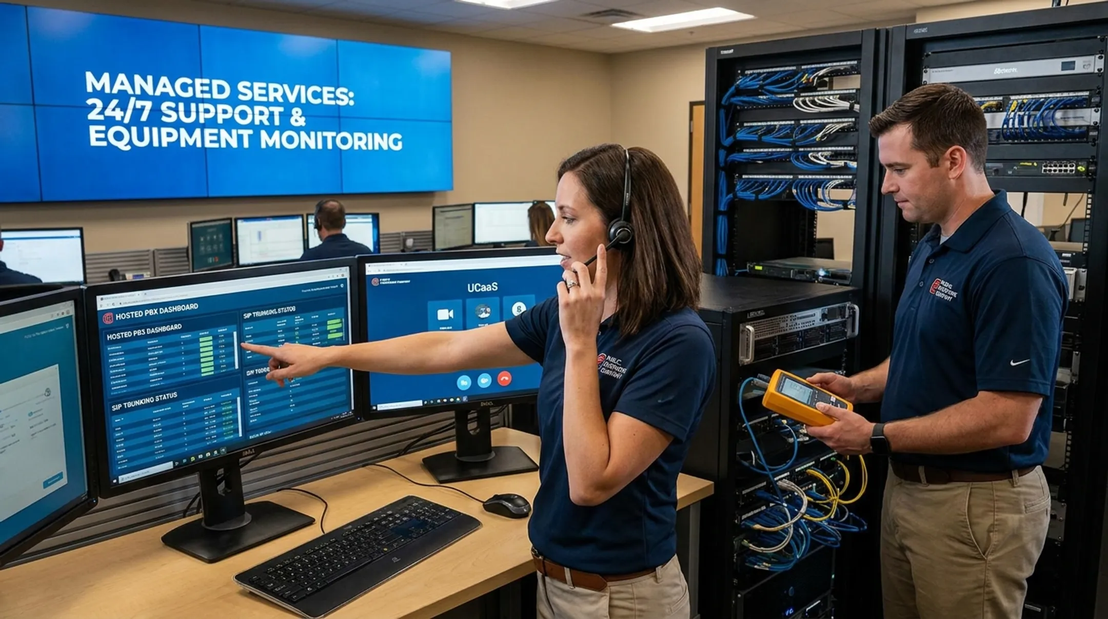 Public Telephone Company support team managing hosted VoIP service