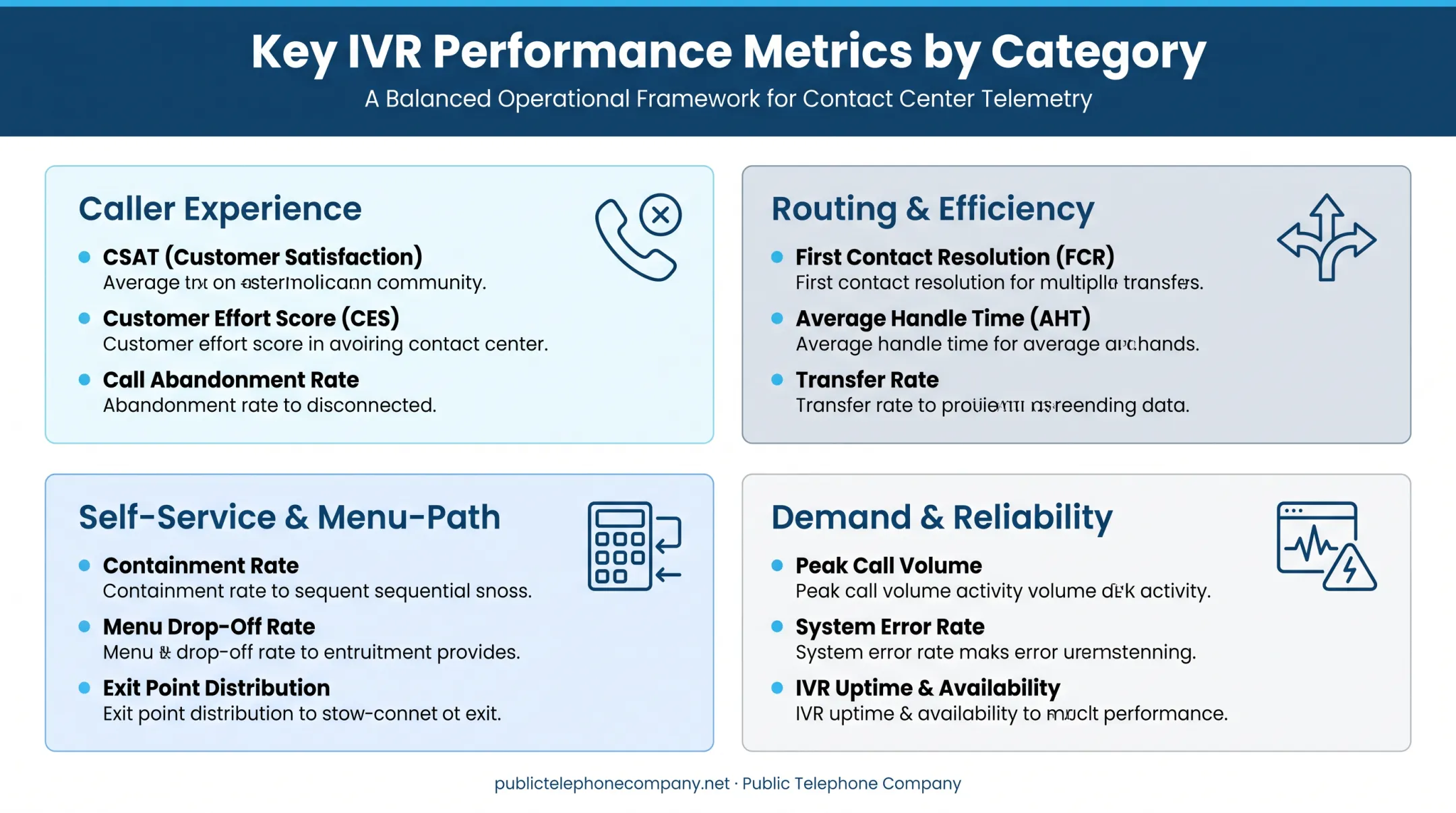 Four-category IVR metrics scorecard covering experience routing and reliability