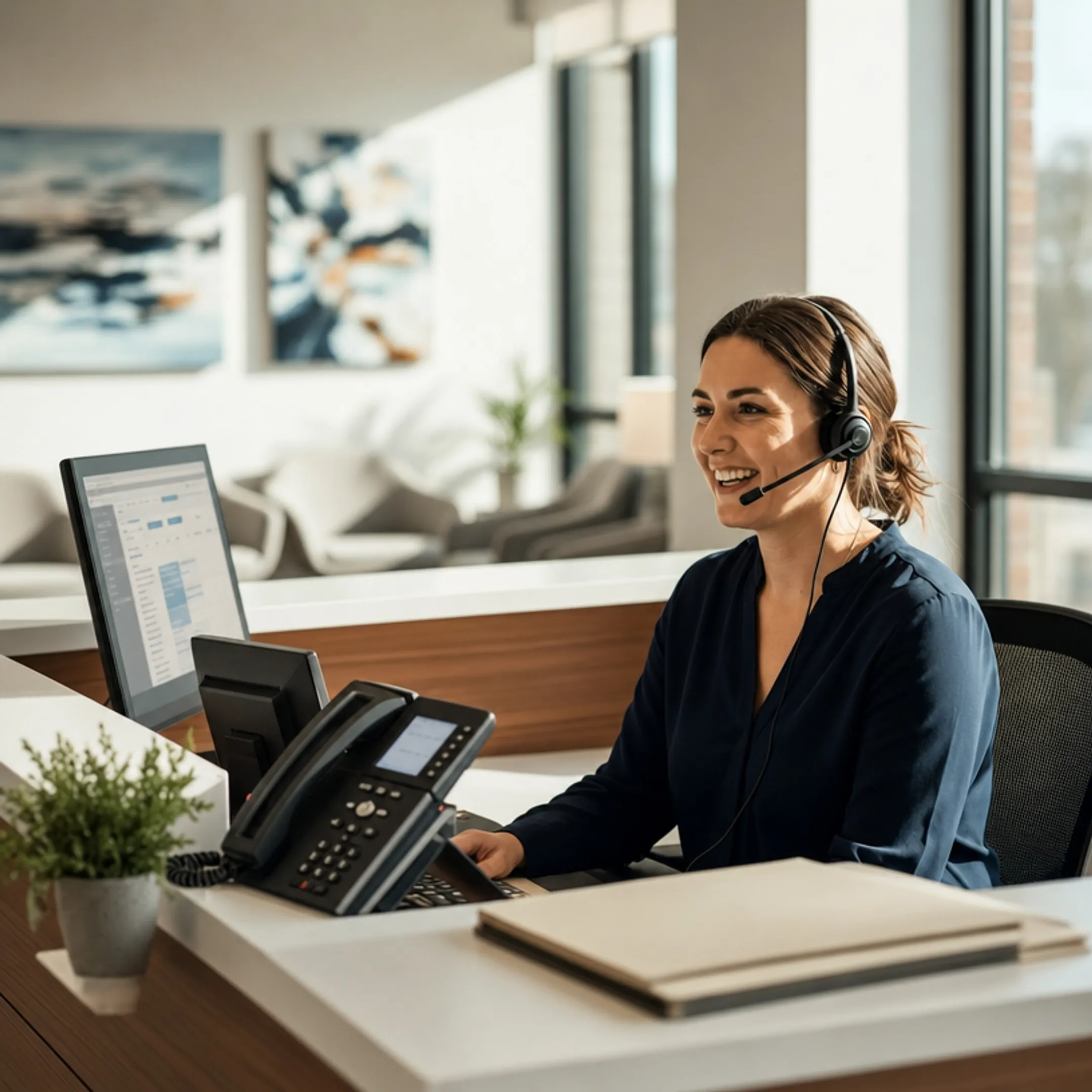 Business professionals across healthcare legal offices using multi-line phone systems