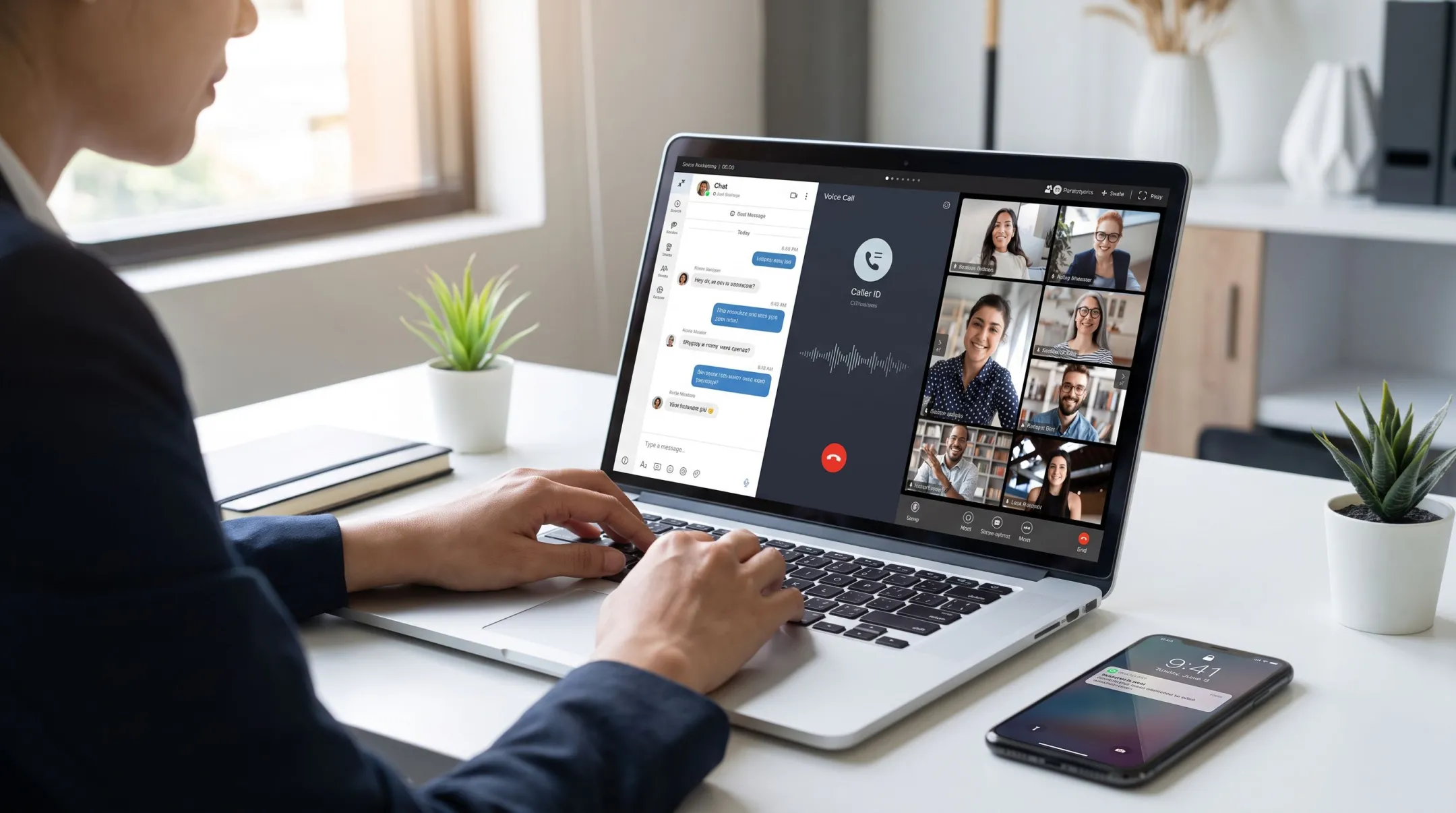 Employee using unified communications platform for calls and messaging