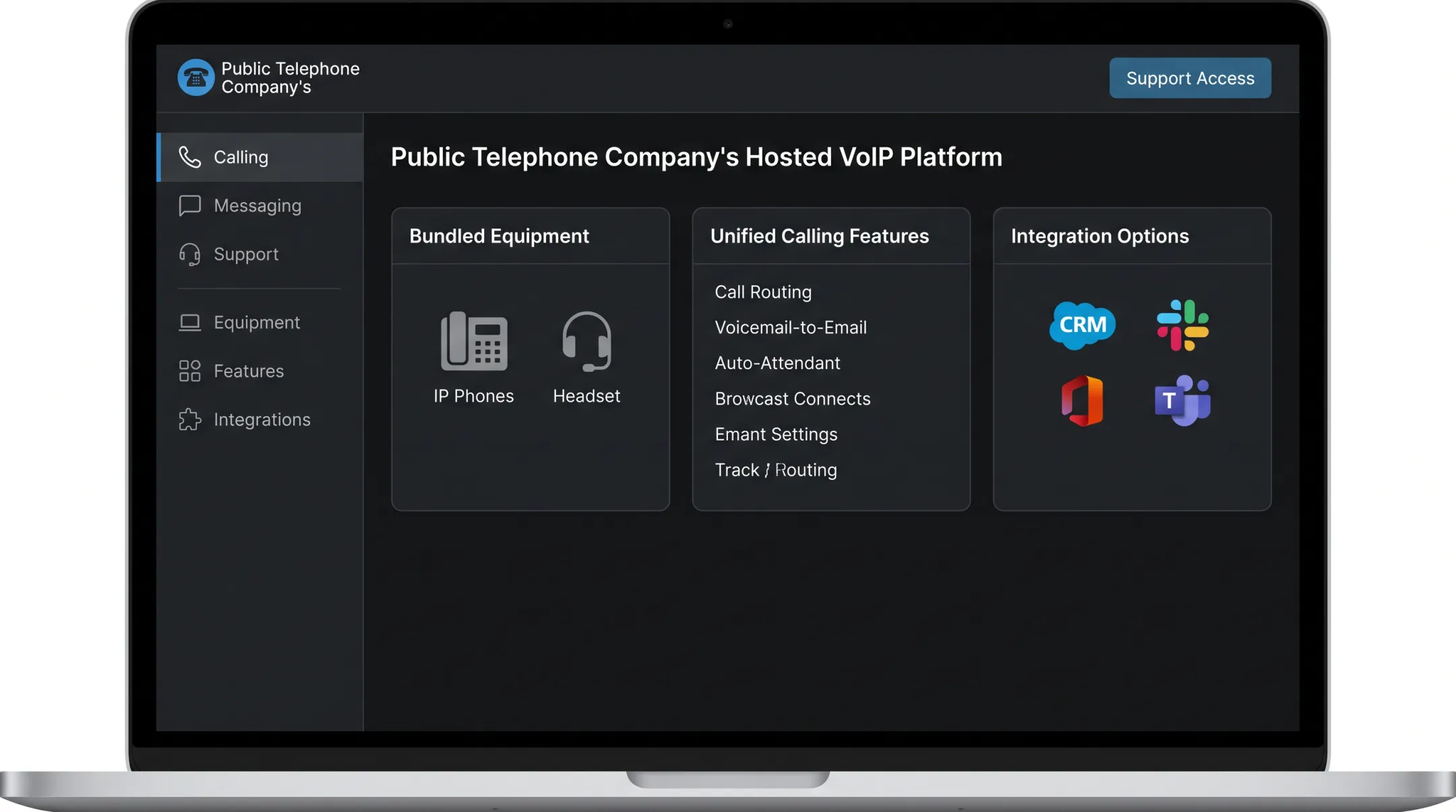 Public Telephone Company hosted VoIP dashboard interface with features