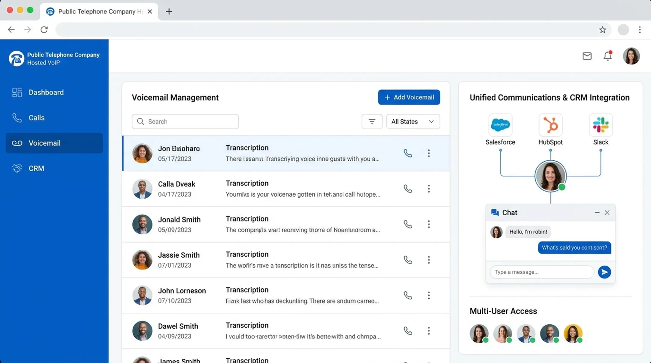 Hosted VoIP business phone service dashboard with voicemail and CRM integration