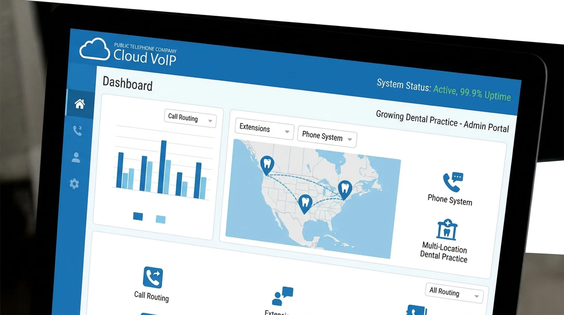 Public Telephone Company cloud VoIP dashboard interface for business phone management