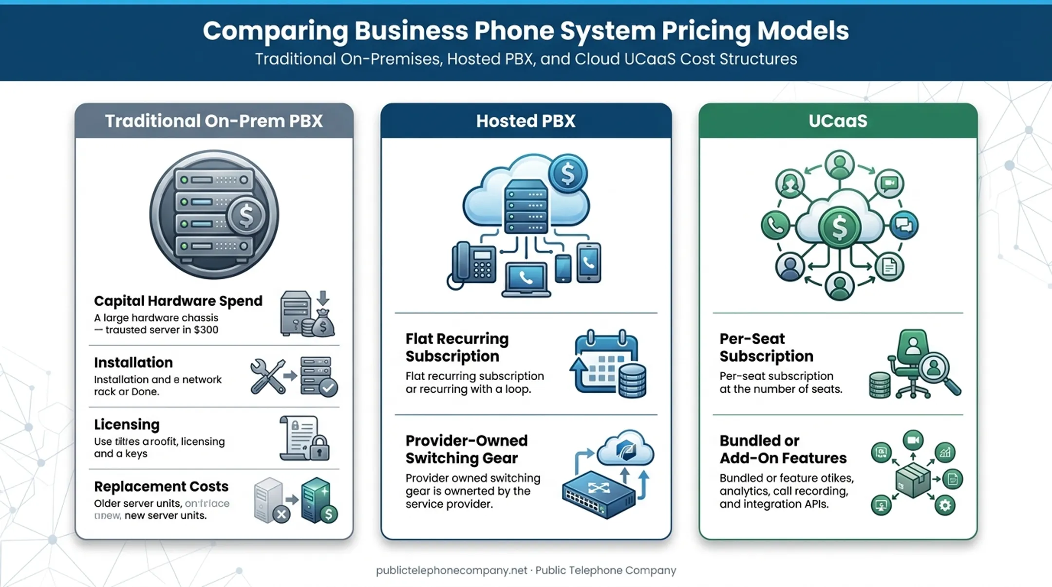 Cost model comparison of traditional PBX hosted PBX and UCaaS pricing