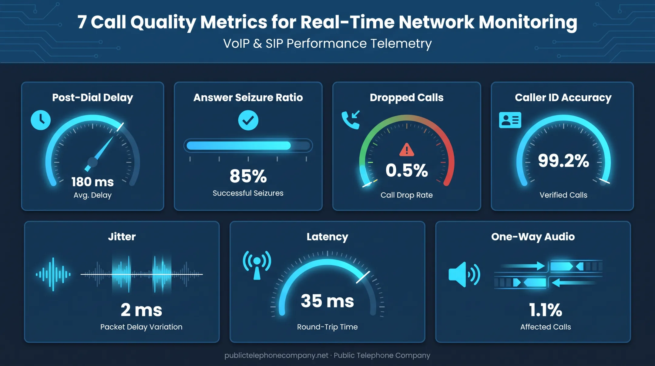 Seven VoIP call quality metrics monitoring dashboard infographic