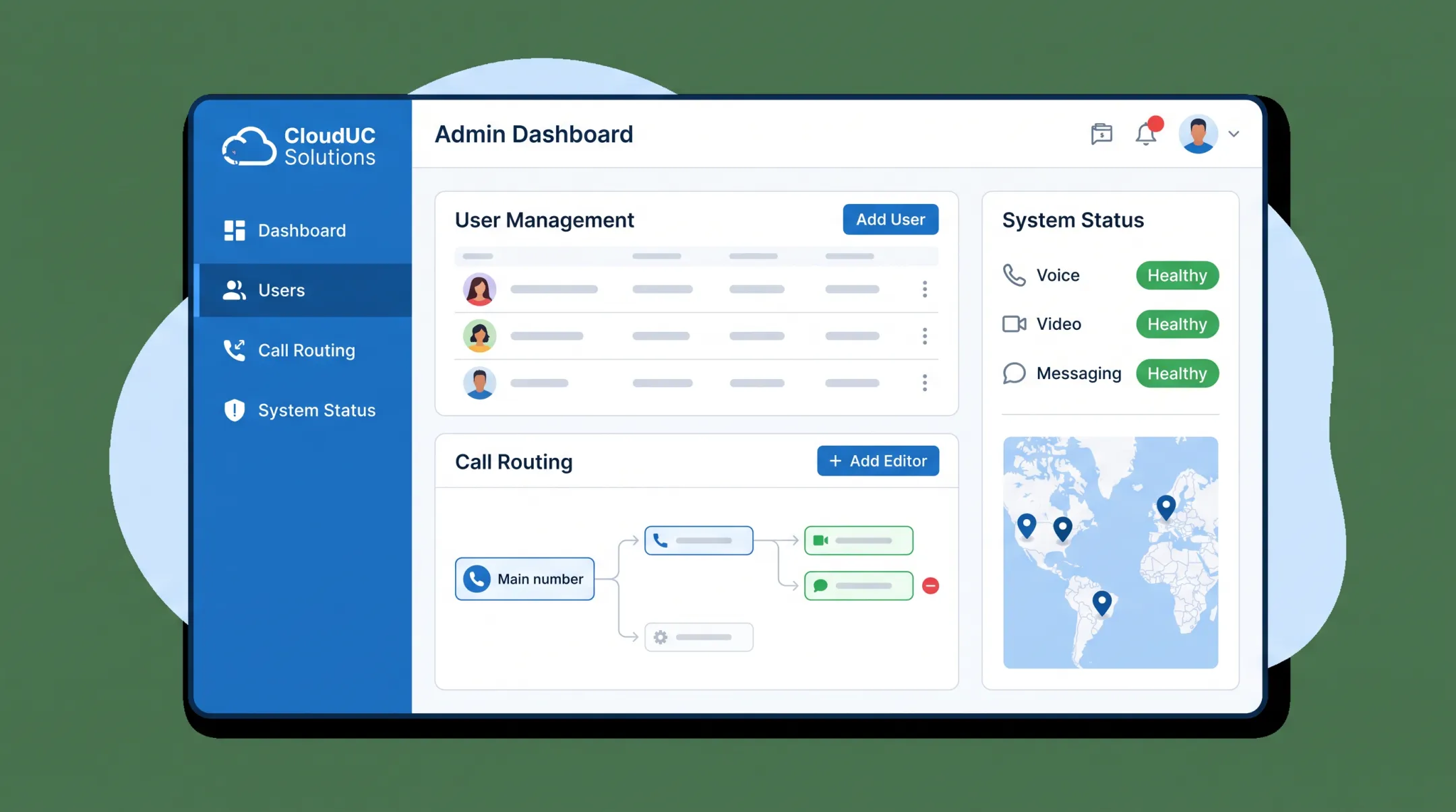 Cloud-hosted business phone platform dashboard with scalable user management