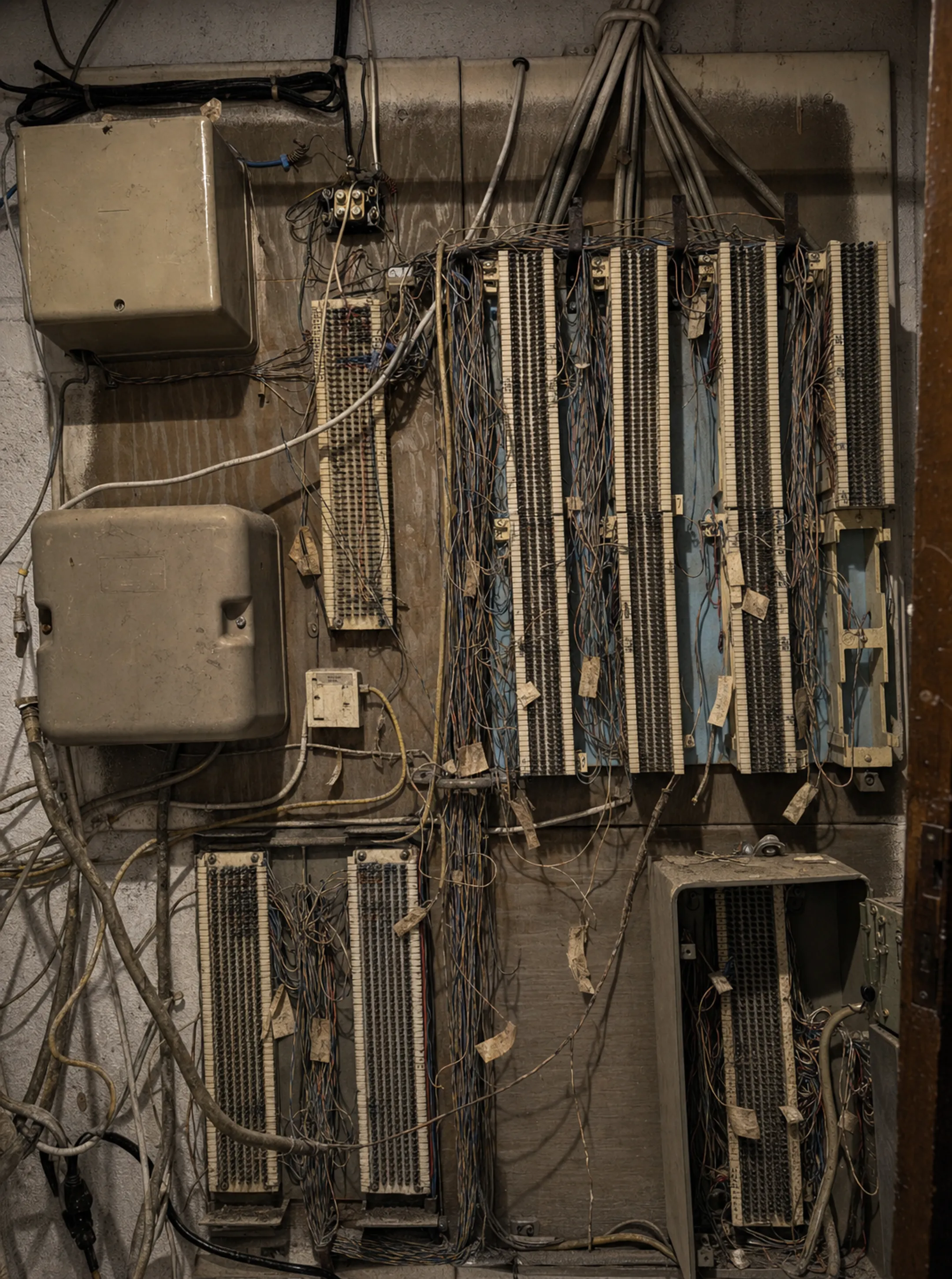 Outdated legacy PBX hardware and tangled phone wiring in server closet