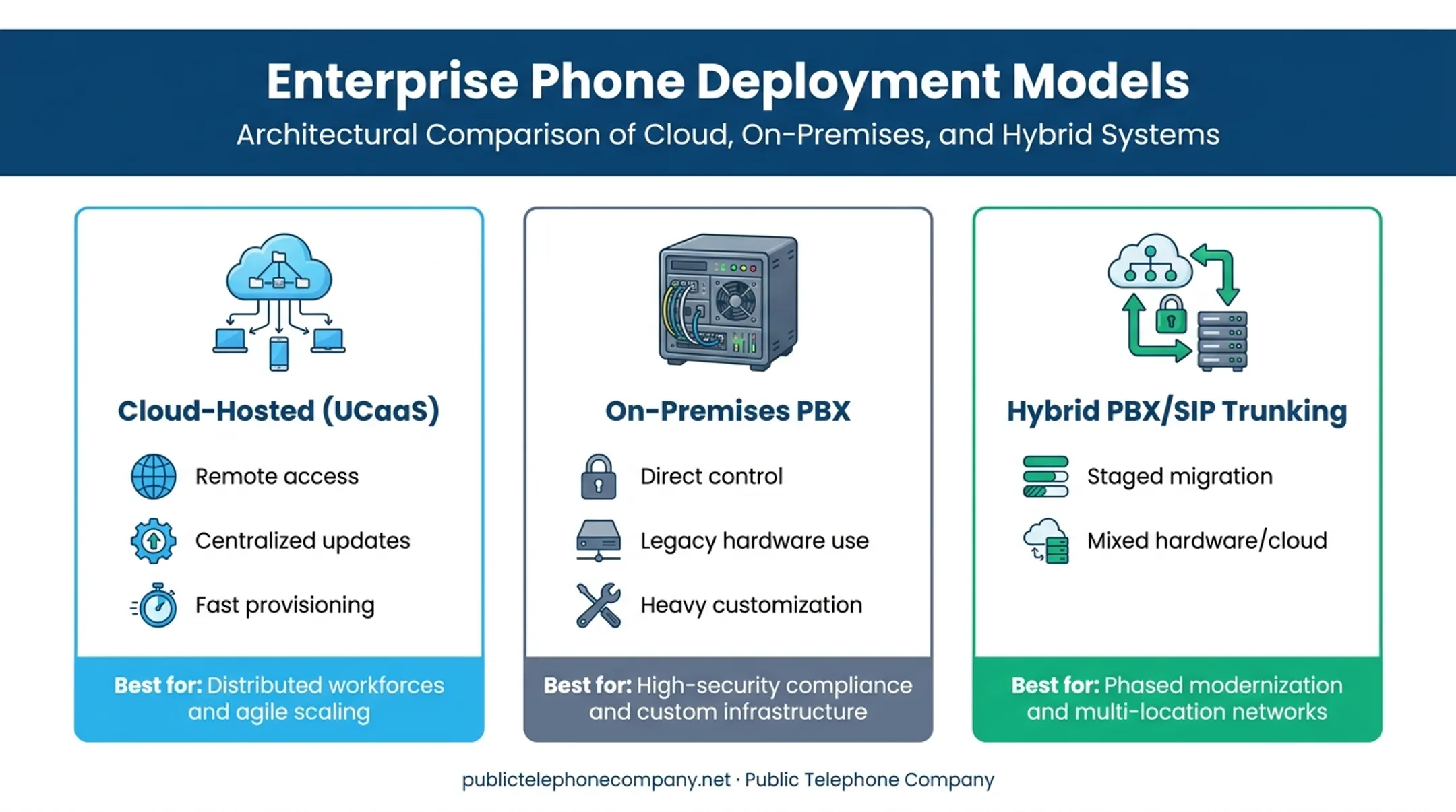 Comparison of cloud-hosted on-premises and hybrid phone deployment models