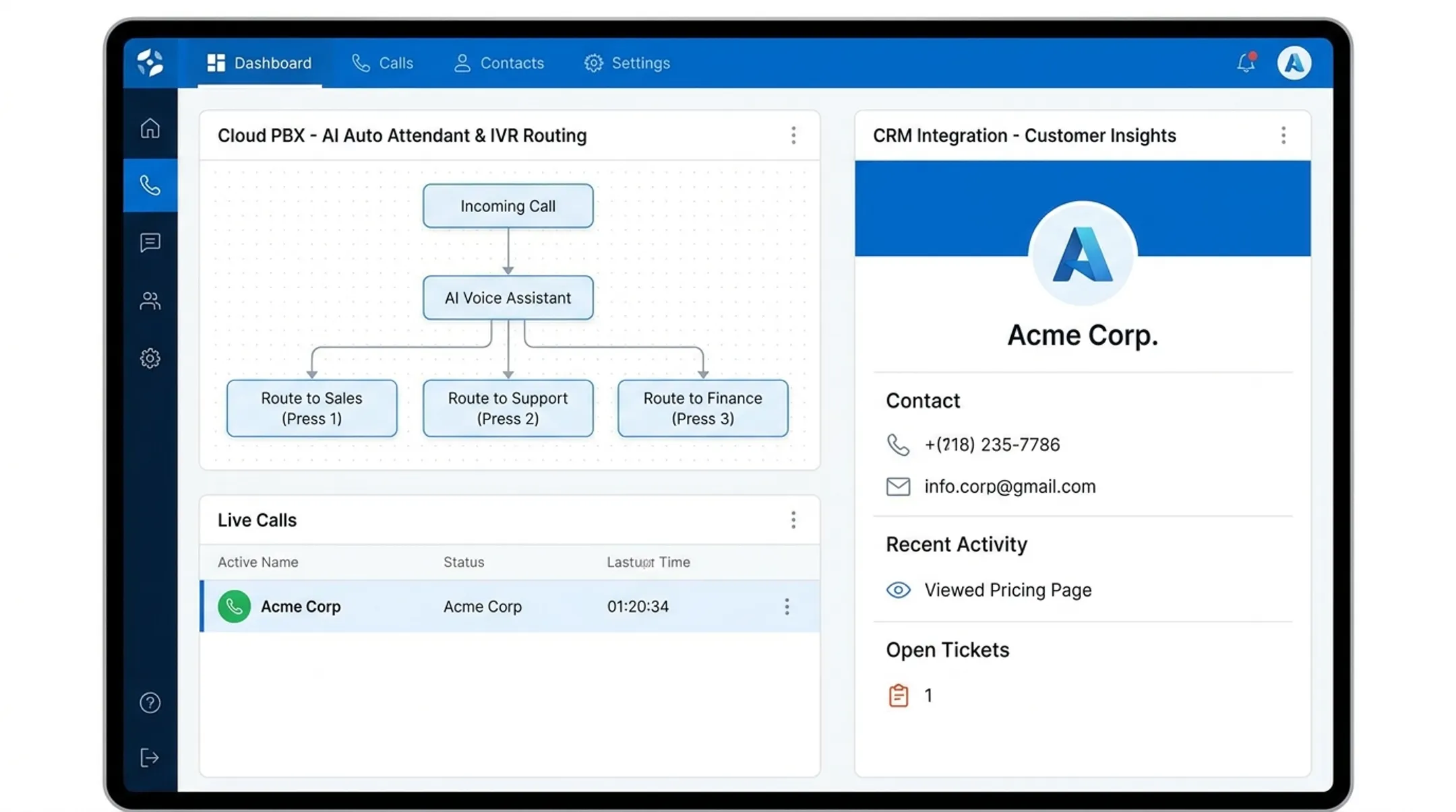 Cloud PBX dashboard showing AI auto attendant IVR and CRM integration