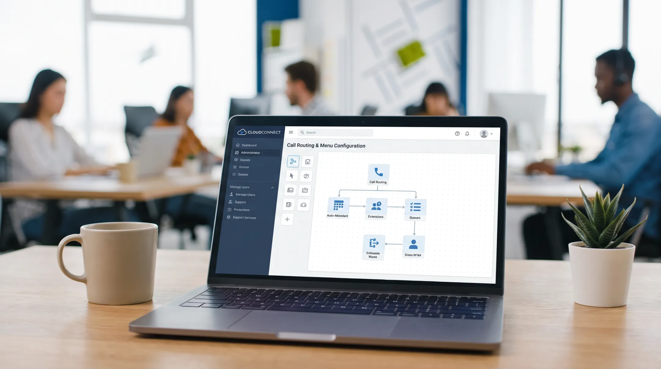 Cloud-hosted business phone system dashboard showing extensions and call routing setup