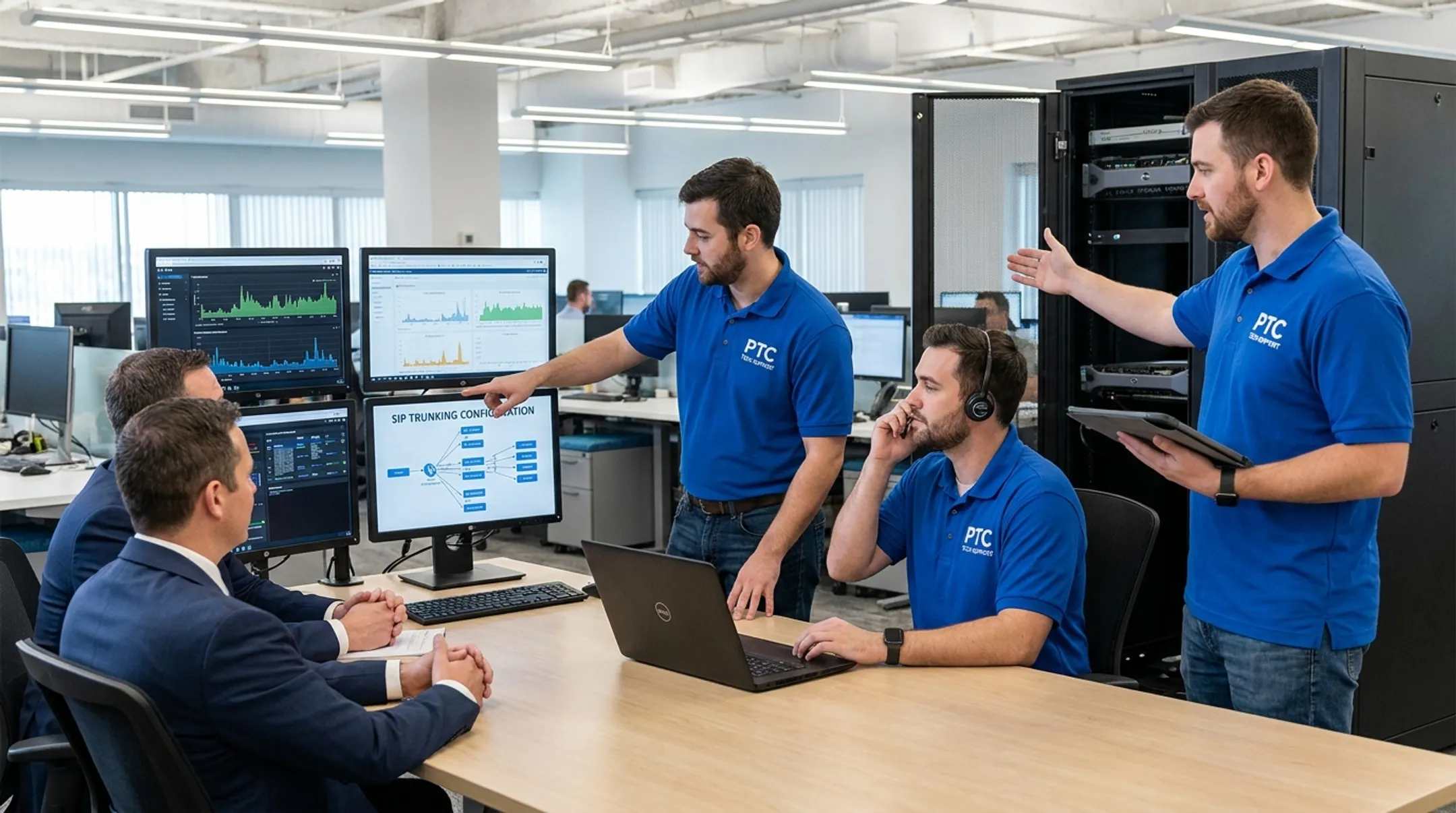 Public Telephone Company support team managing SIP trunking client systems