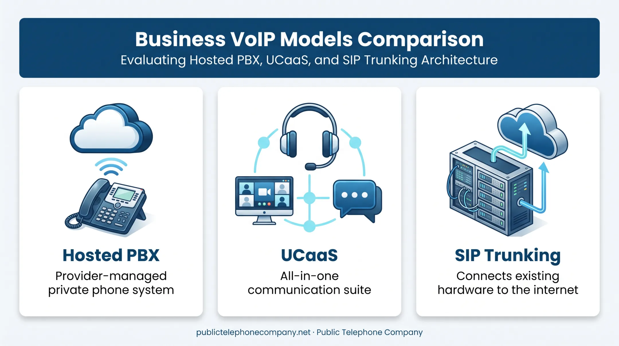 Comparison infographic of Hosted PBX UCaaS and SIP Trunking VoIP solutions