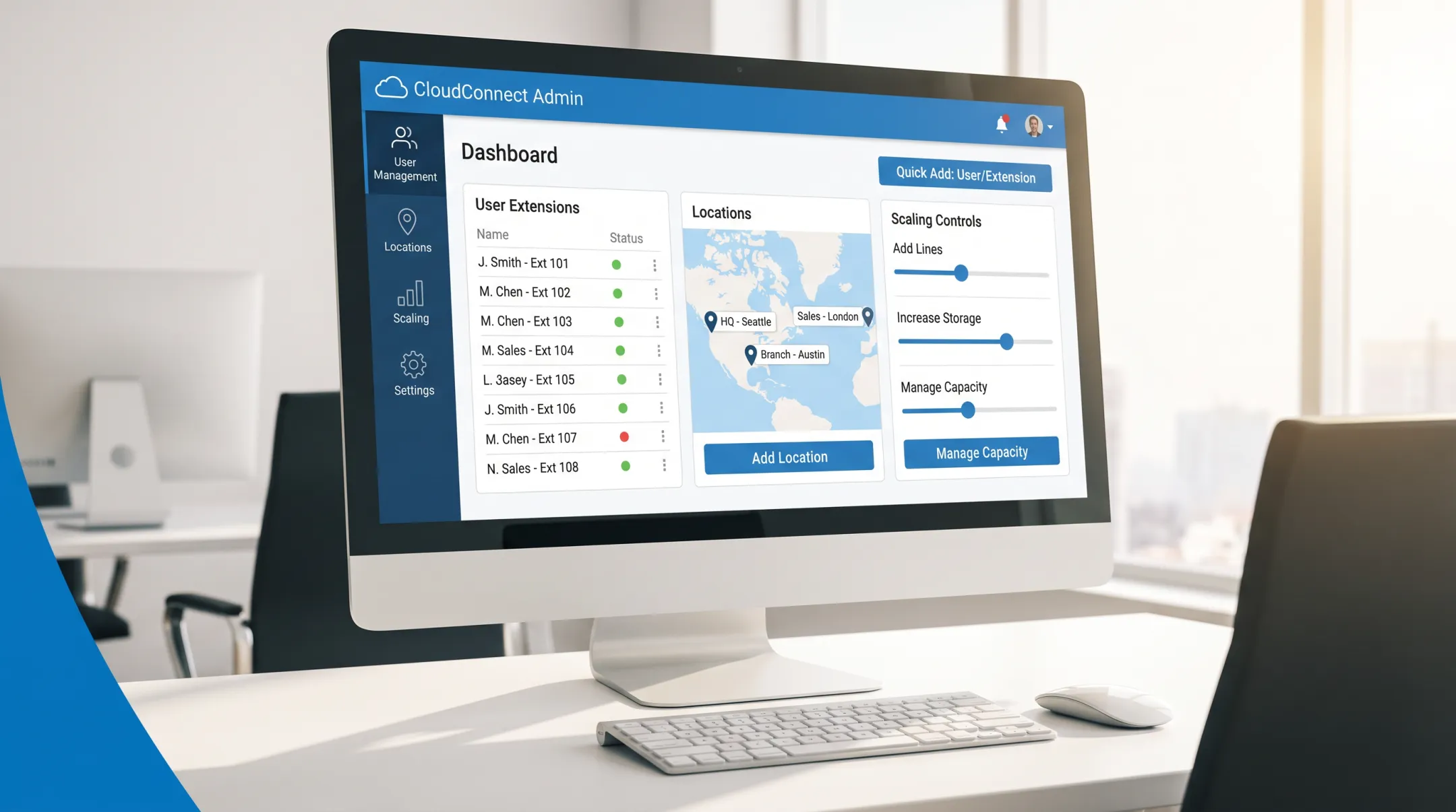 Cloud phone system admin portal showing multi-location extension management