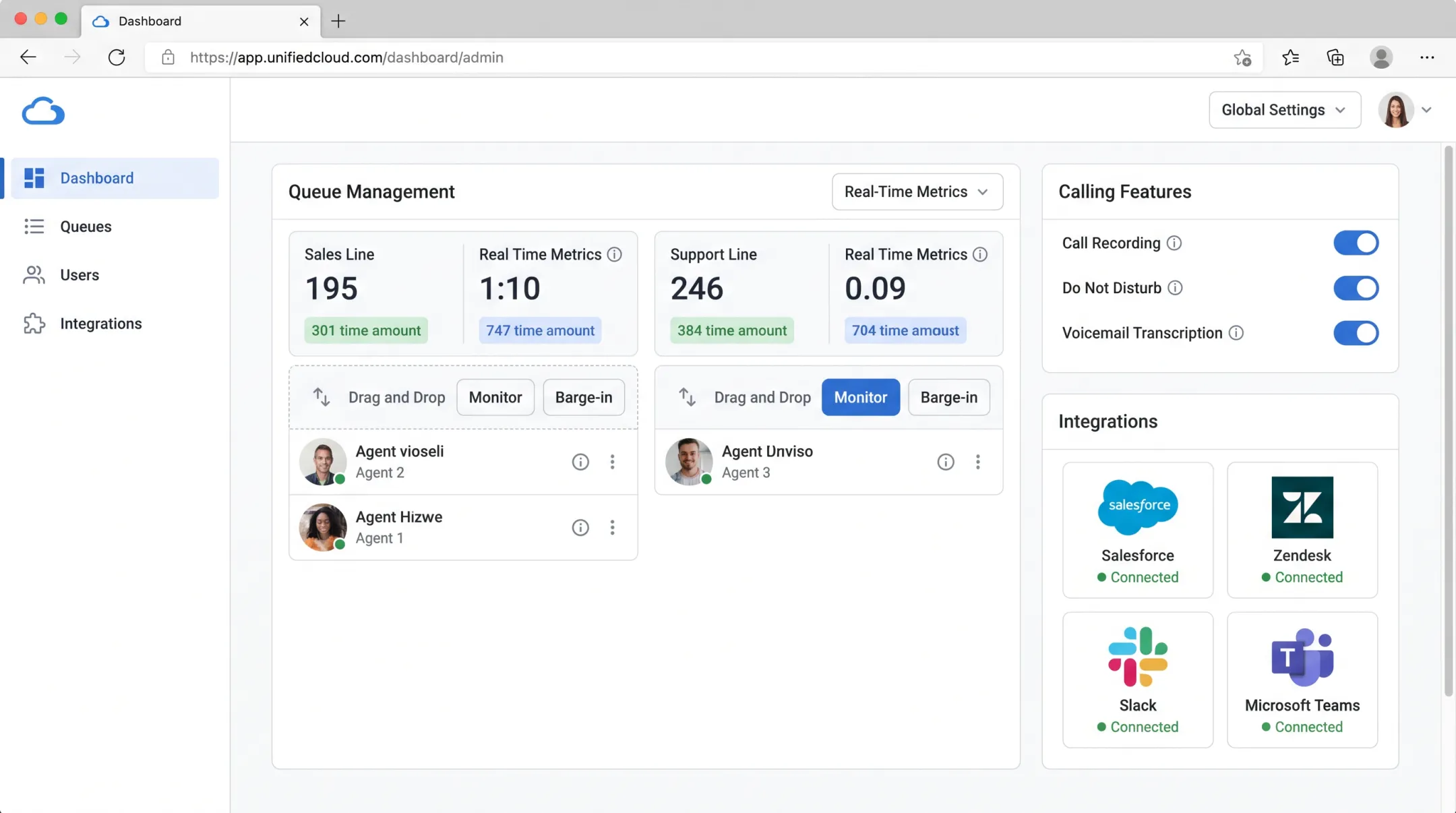 Unified communications dashboard displaying scalable call queue management tools