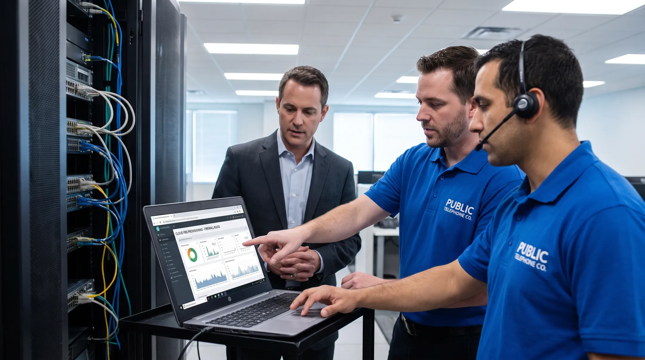 Public Telephone Company implementation team configuring hosted VoIP system