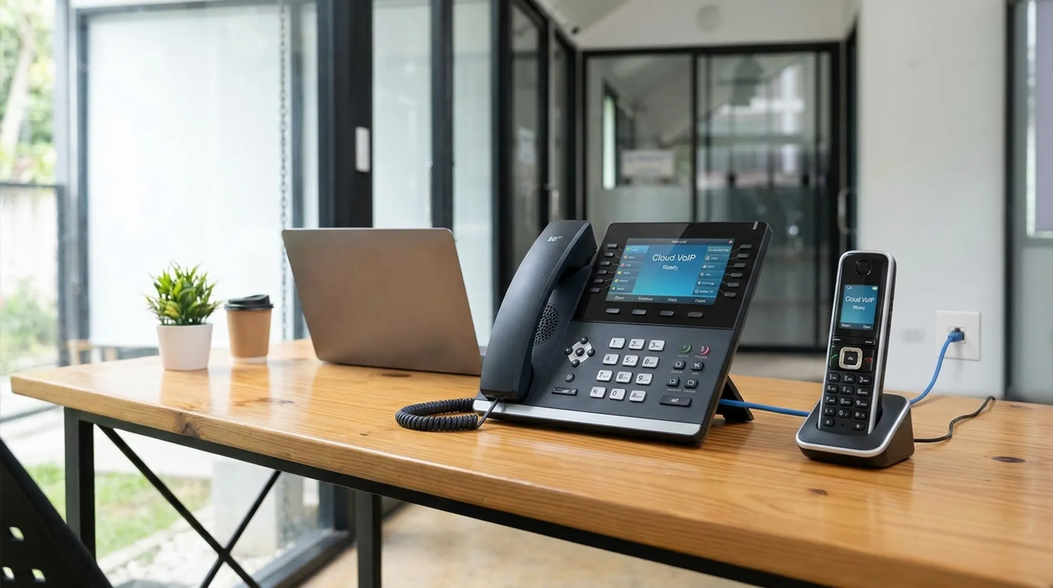 Business VoIP desk phone and wireless handset extension hardware setup