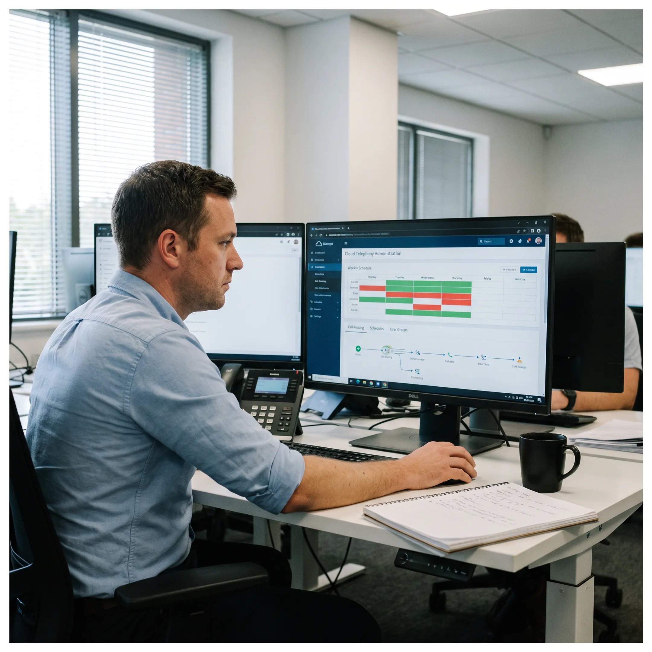 Technician configuring cloud-hosted call routing rules on a tablet