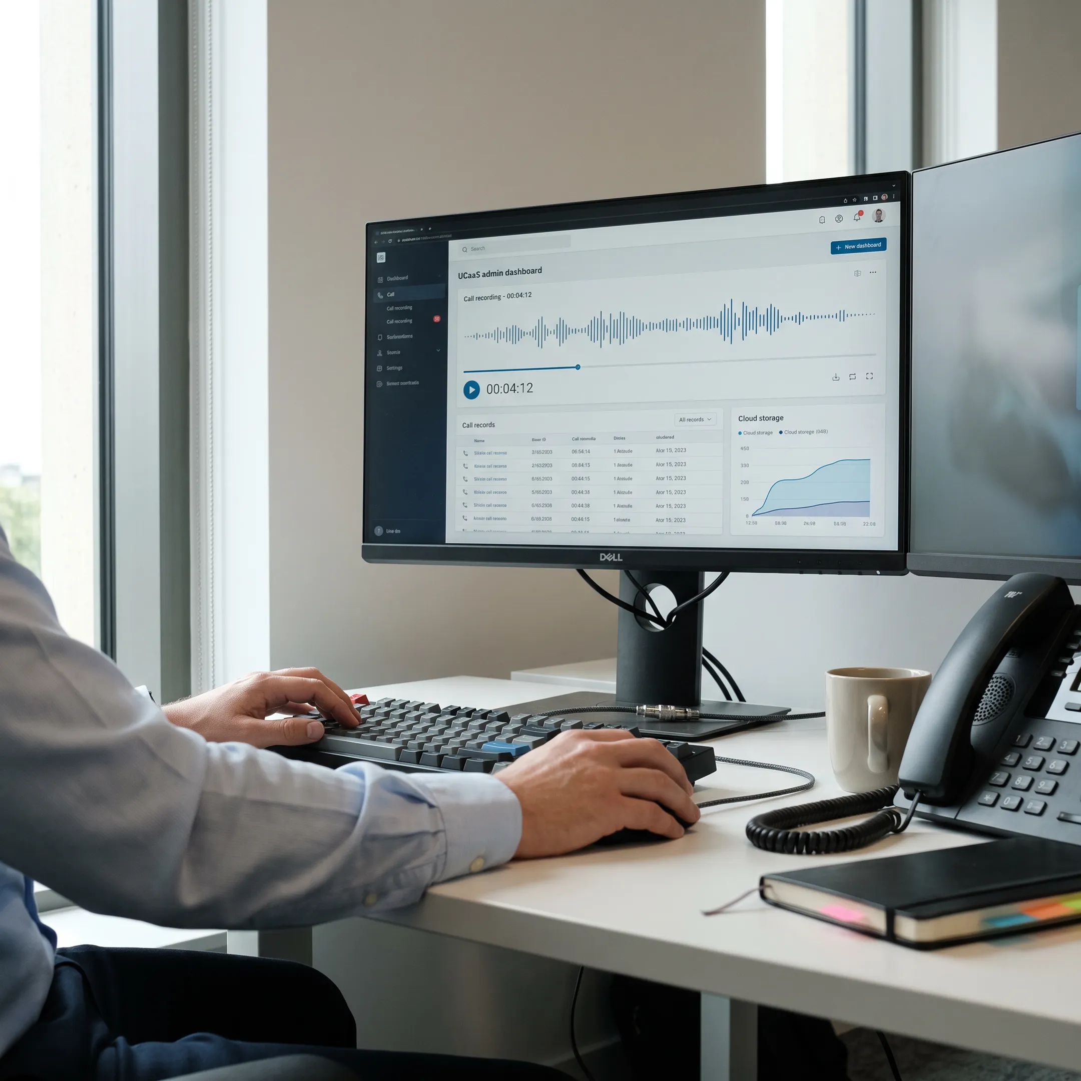 Modern cloud telecommunications dashboard displaying call recordings and audio data files