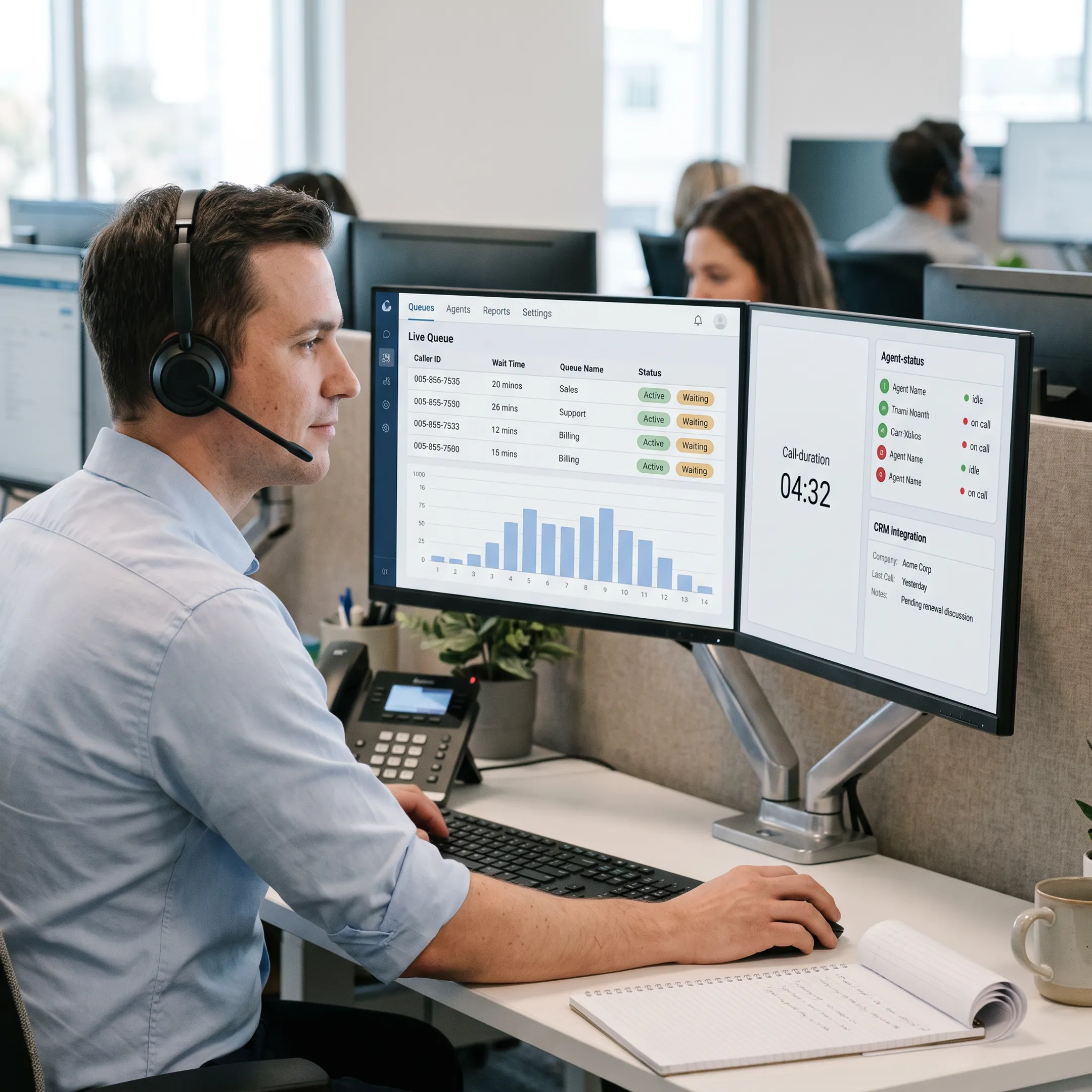 Customer support specialist managing incoming call queues on a multi-line cloud headset