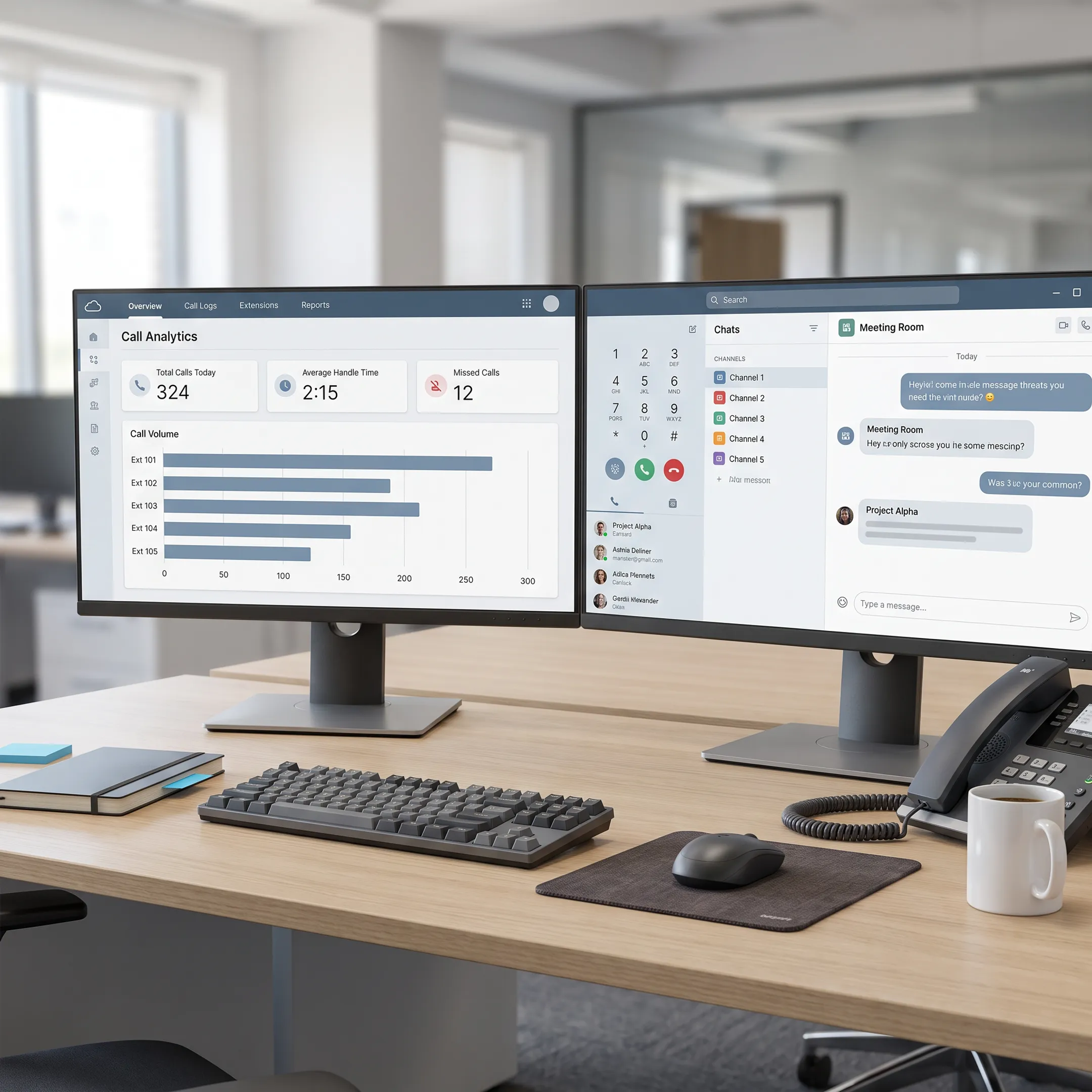 Integrated cloud communications platform dashboard displayed on an office workstation