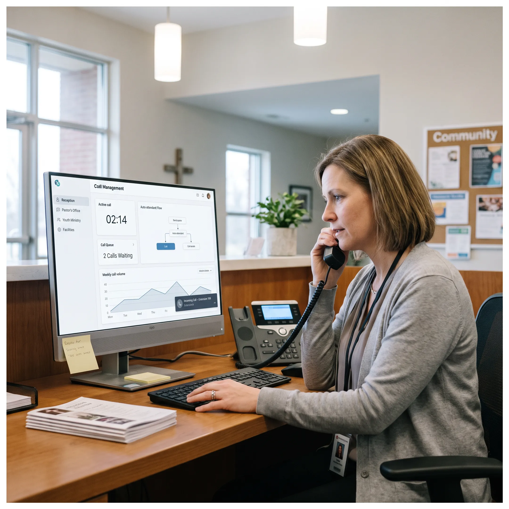 Modern church office equipped with cloud VoIP communication devices