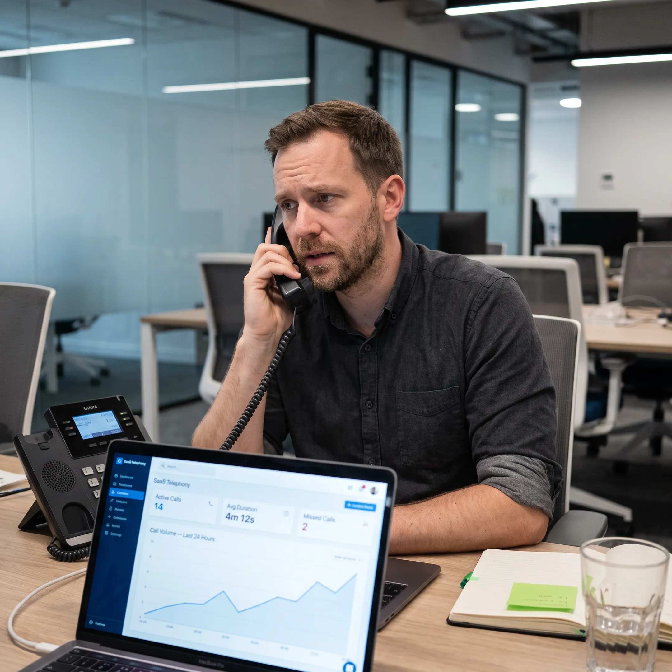 Business professional using a cloud VoIP phone system at an office desk