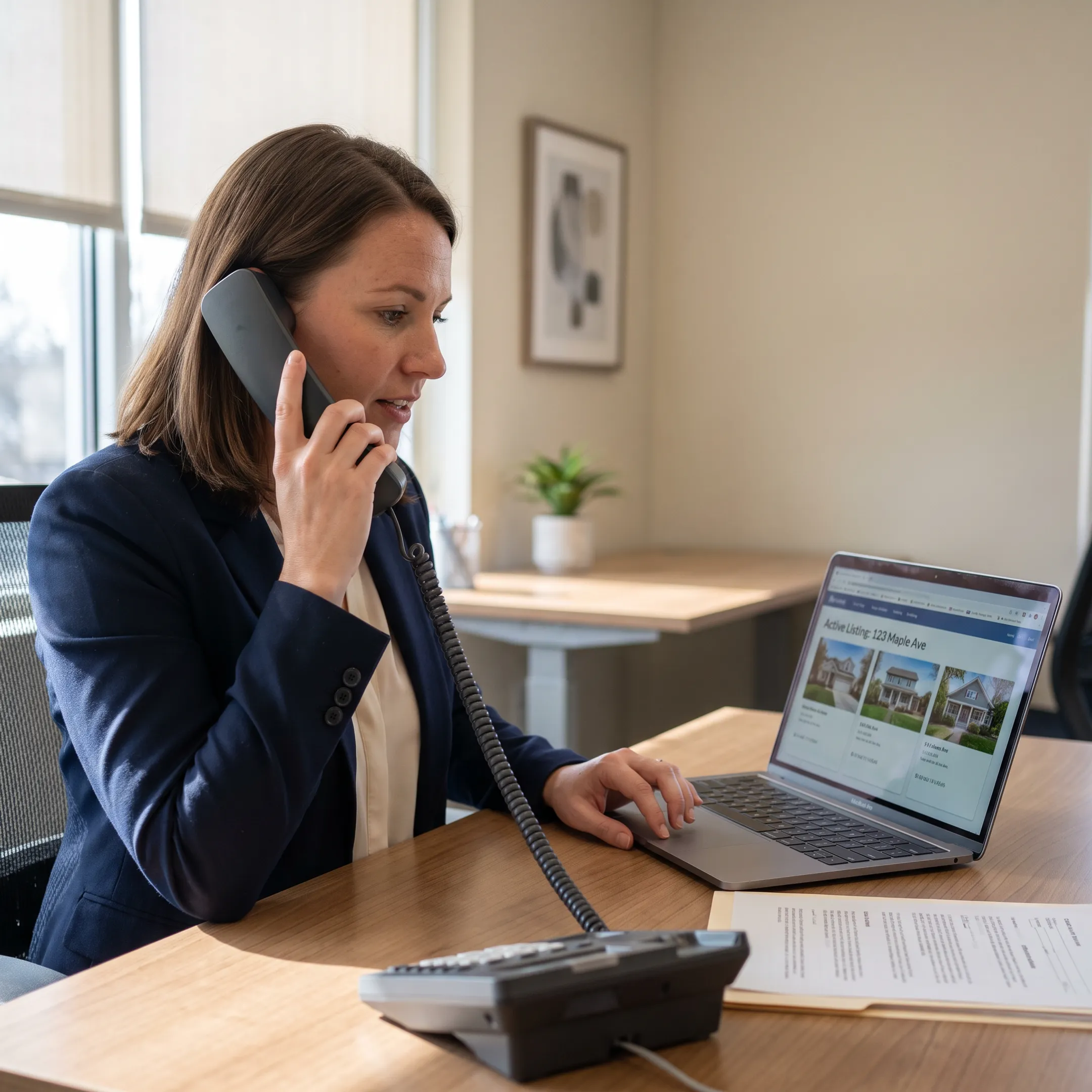 Real estate professional taking a client phone call using cloud communication software