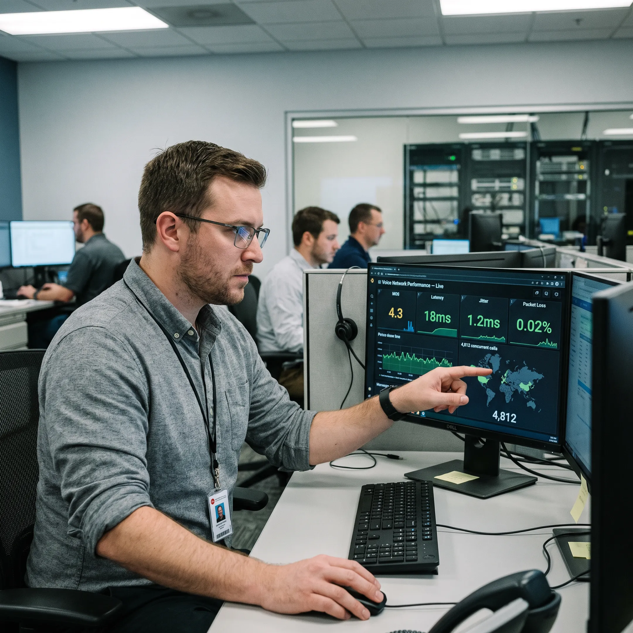 Telecom engineer monitoring cloud voice network infrastructure