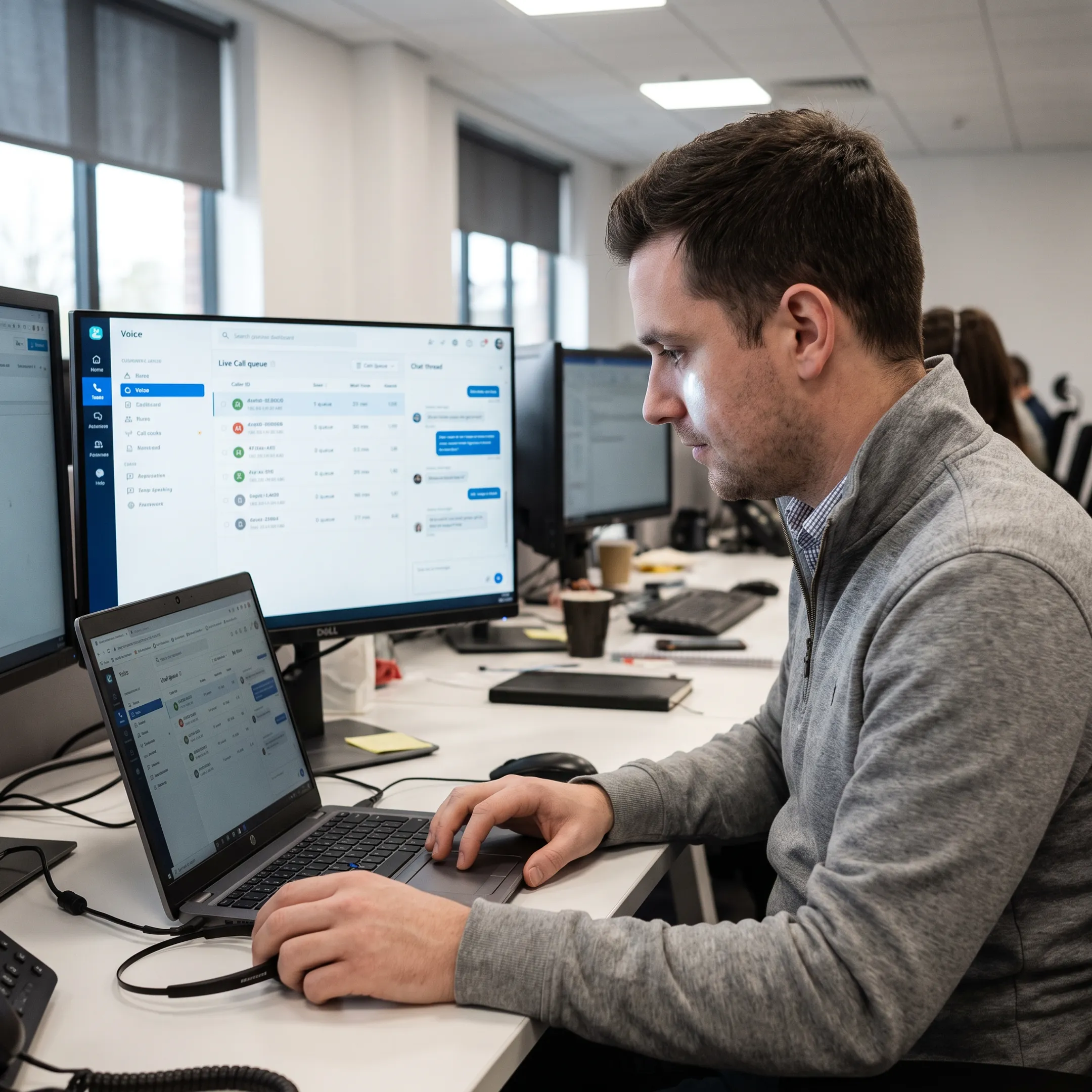 Business professional communicating using an integrated cloud headset and computer dashboard