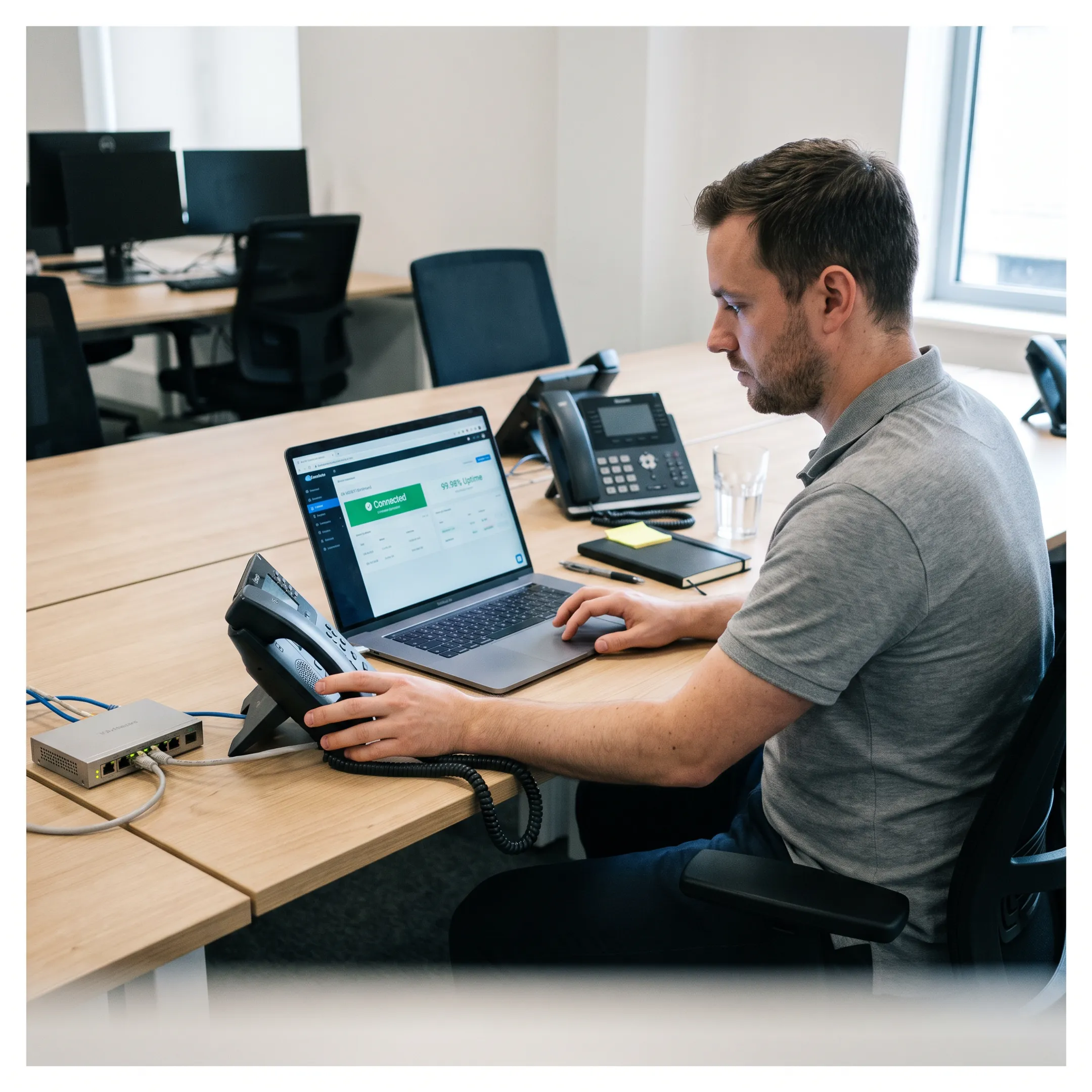 Technician configuring cloud VoIP telephone hardware and unified communication software.