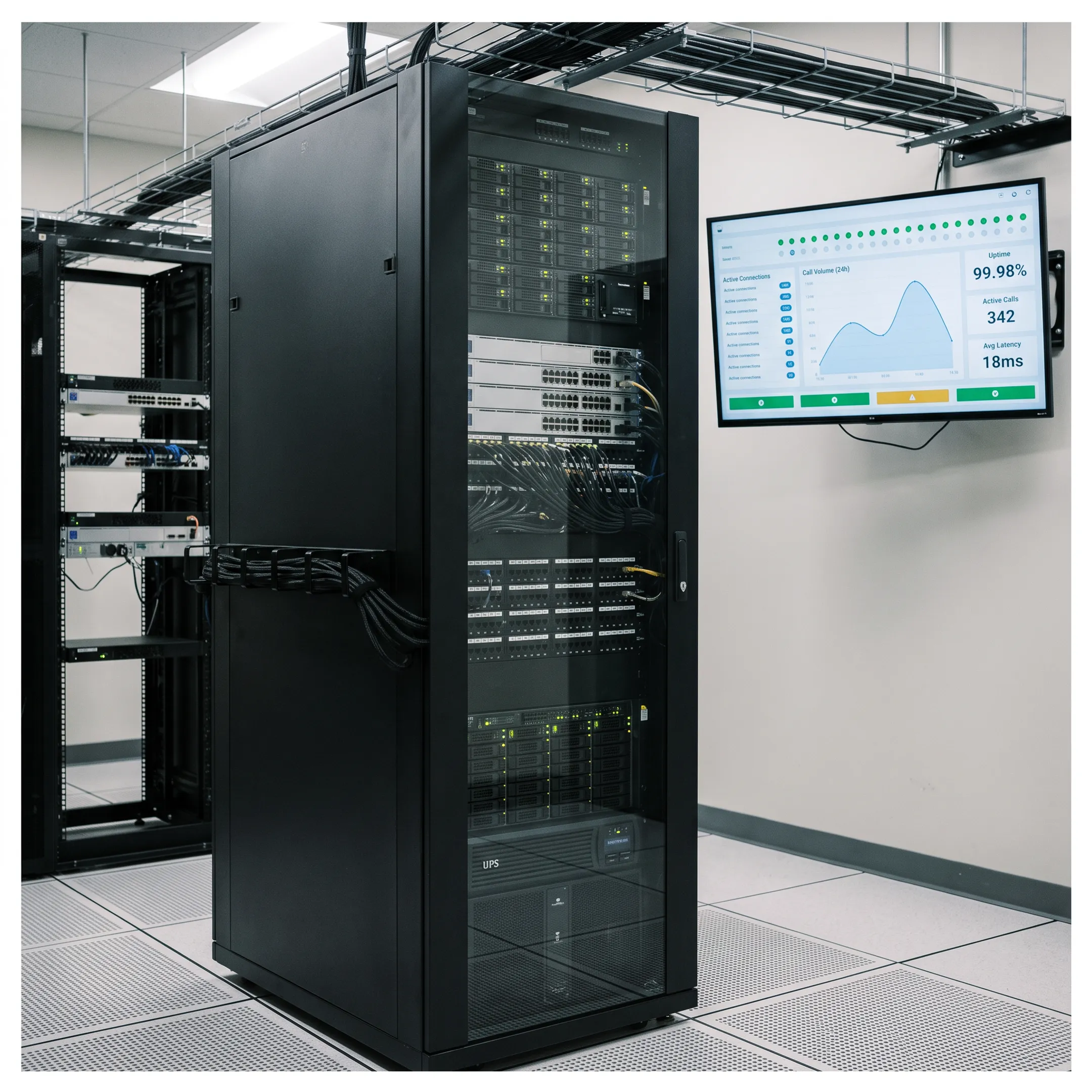 Network telecom rack and cloud computing servers powering enterprise VoIP phone infrastructure