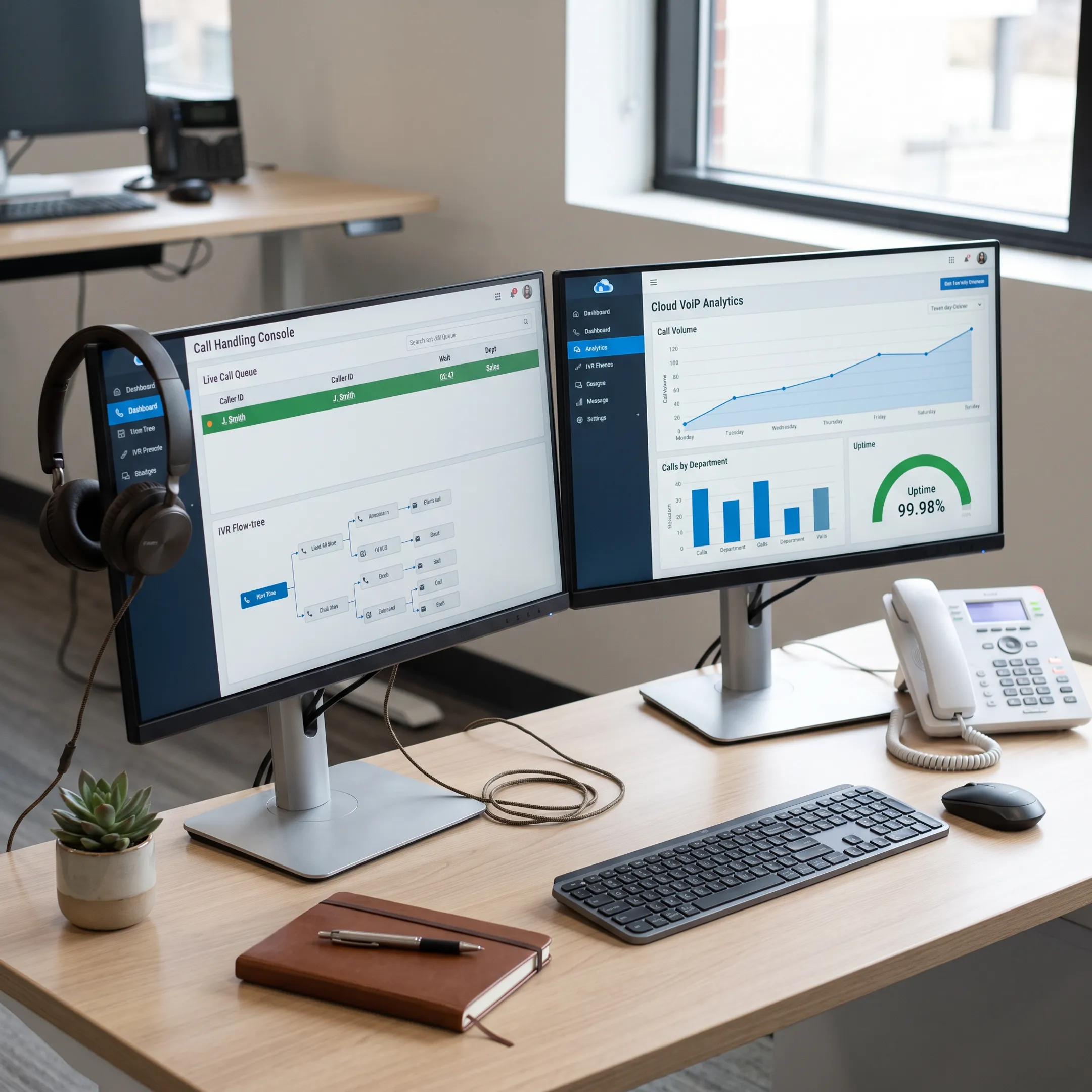 Business desk setup with modern VoIP communications software running on a monitor