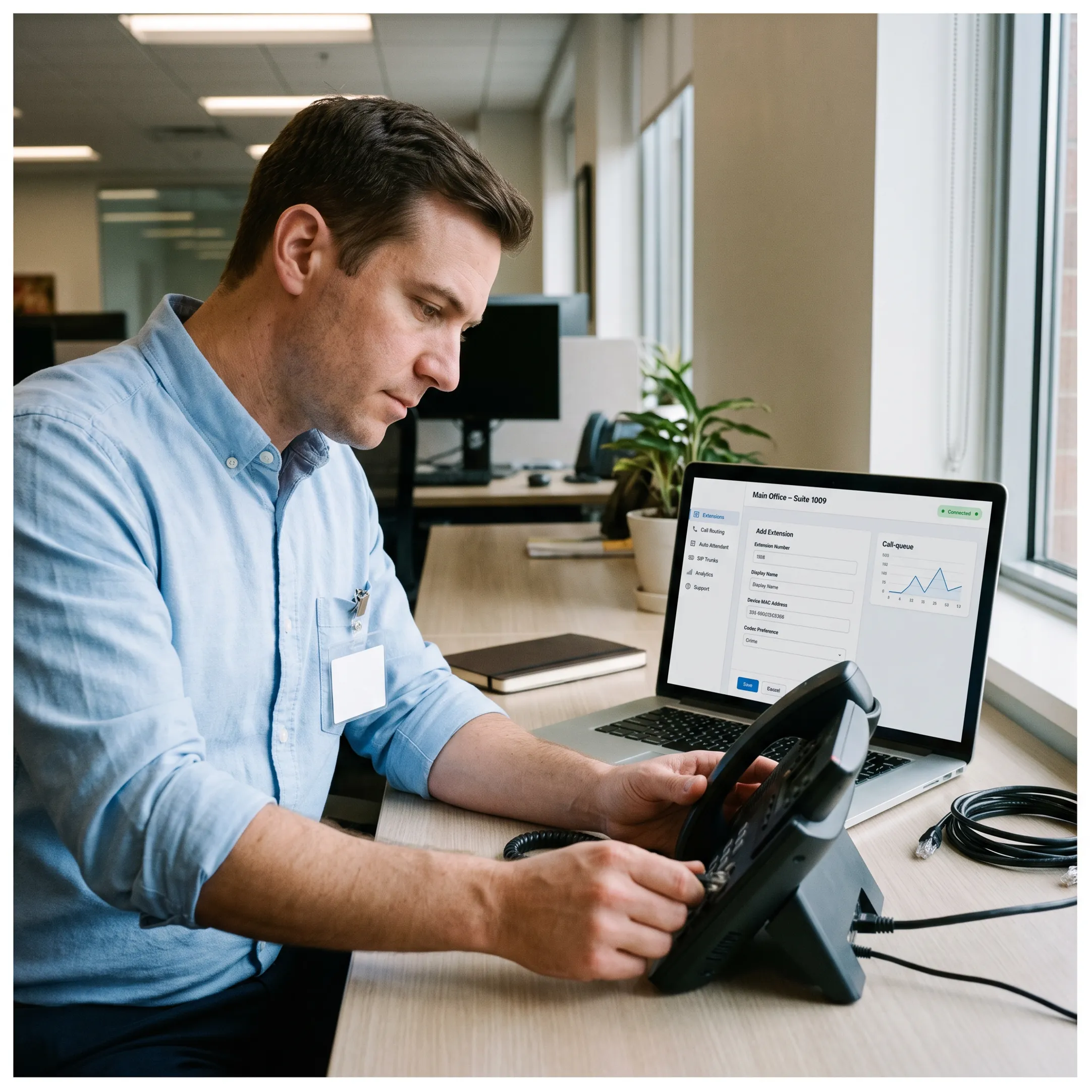 Technician configuring business phone instruments and network equipment