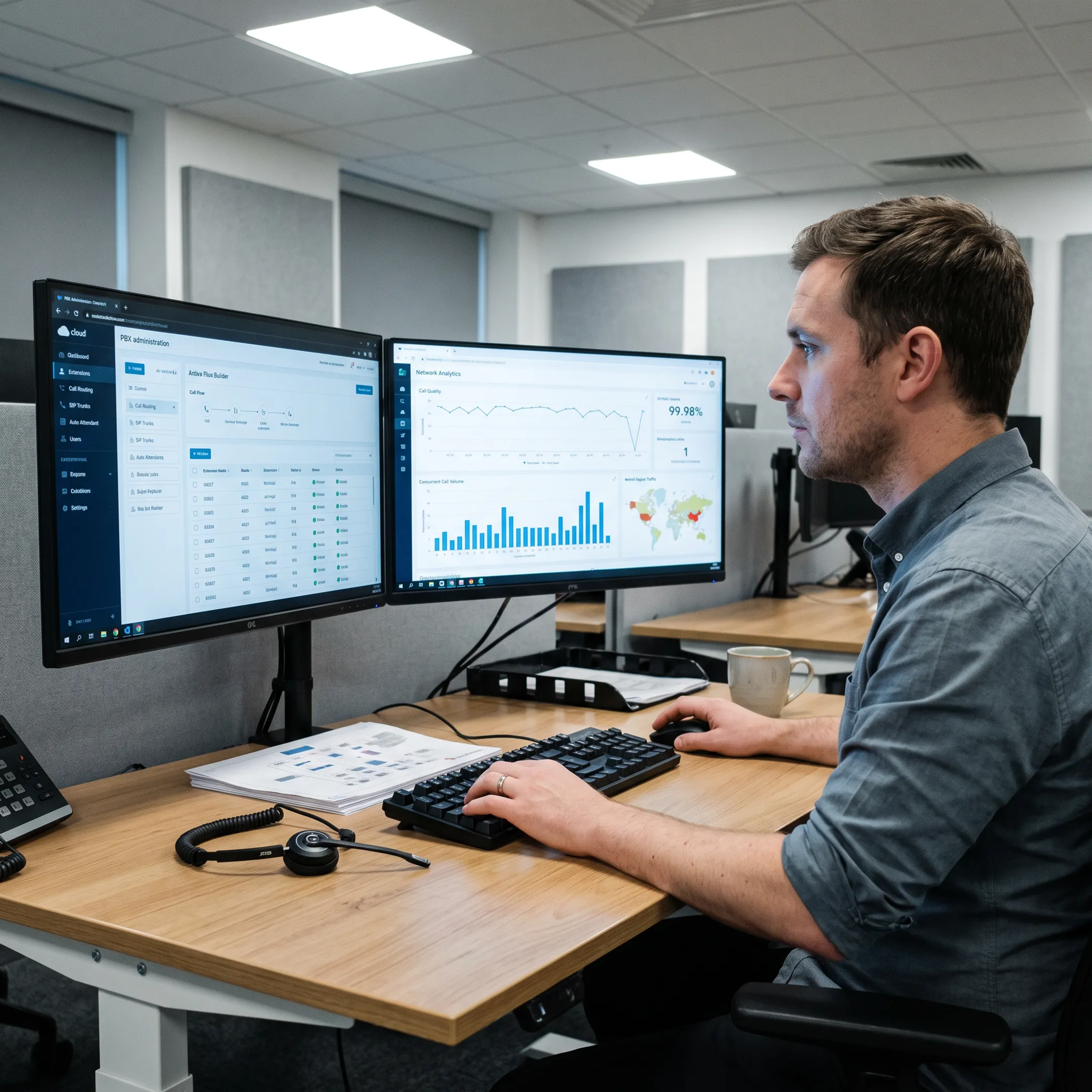 Telecommunications specialist reviewing business phone system metrics and call routing options