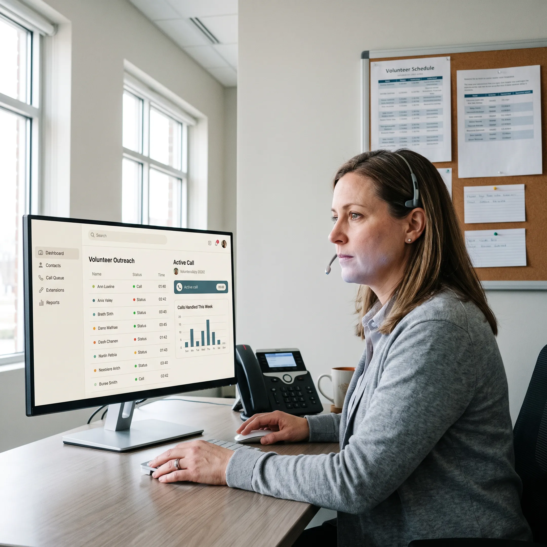 Church volunteer using interactive phone calling system console