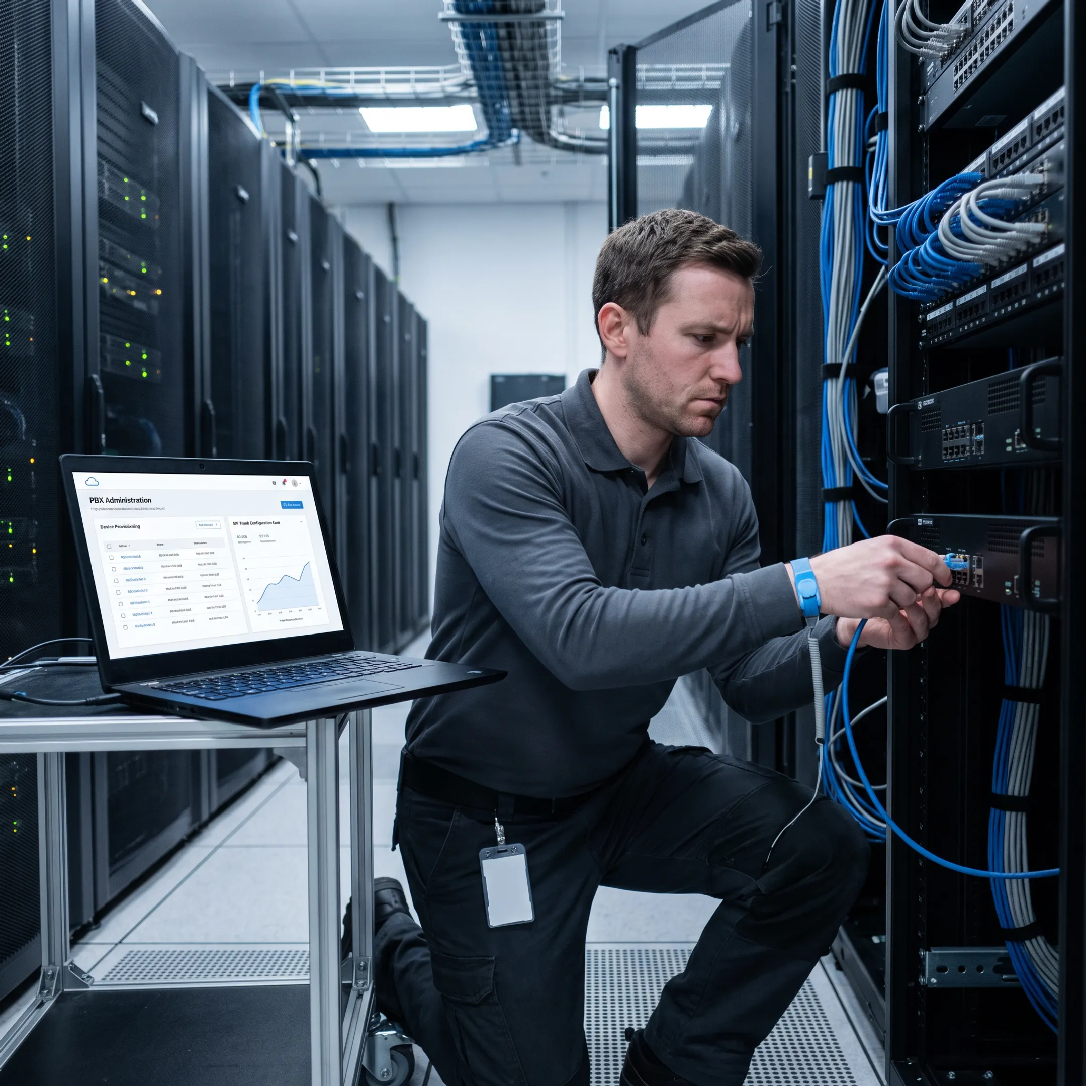 Telecommunications engineer testing VoIP hardware in a server room