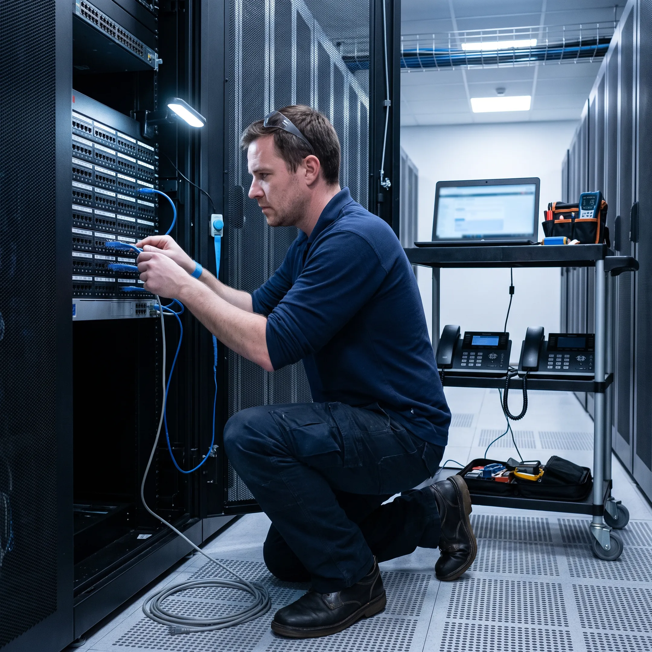 Technician configuring business telecommunications hardware