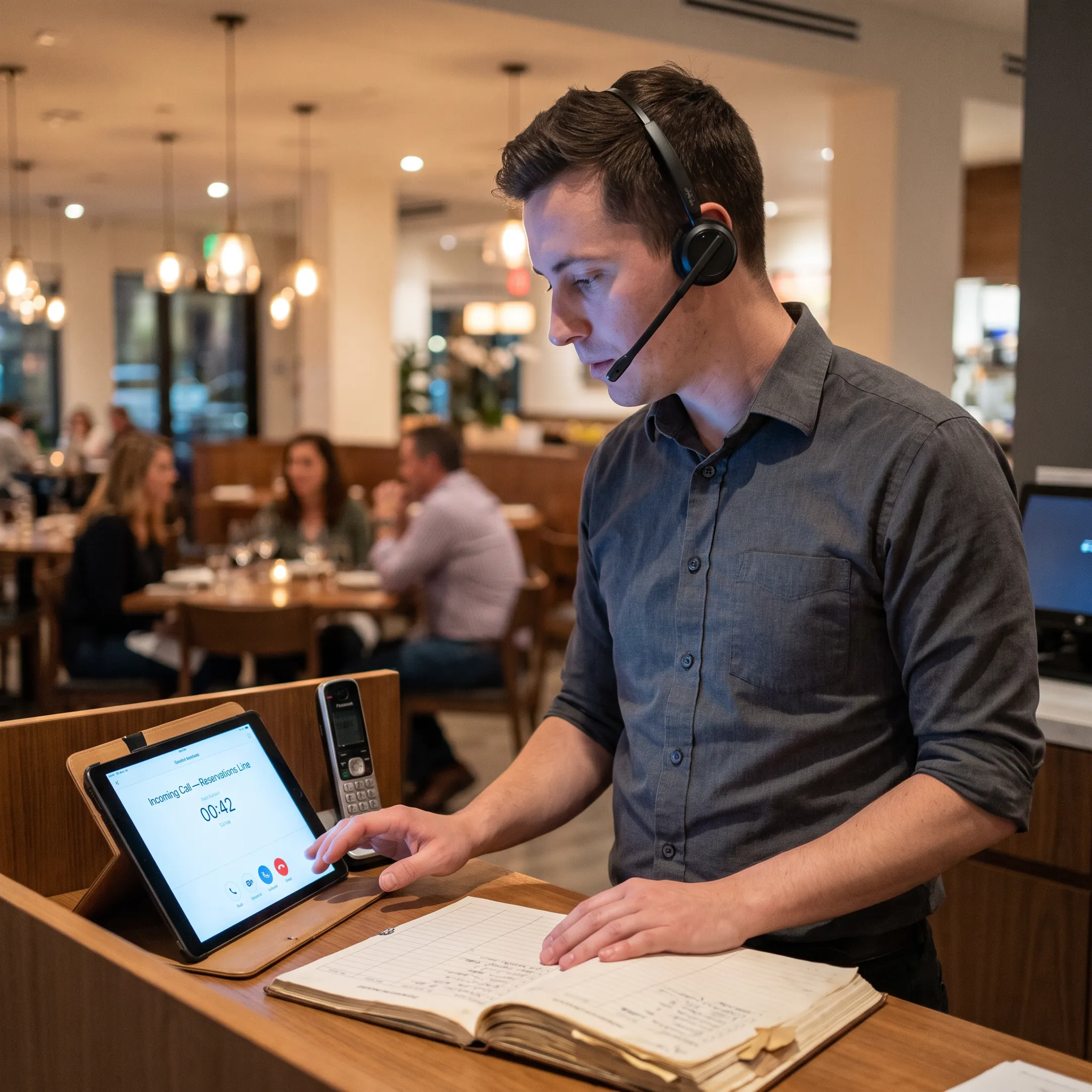 Restaurant employee handling a phone order using a VoIP headset