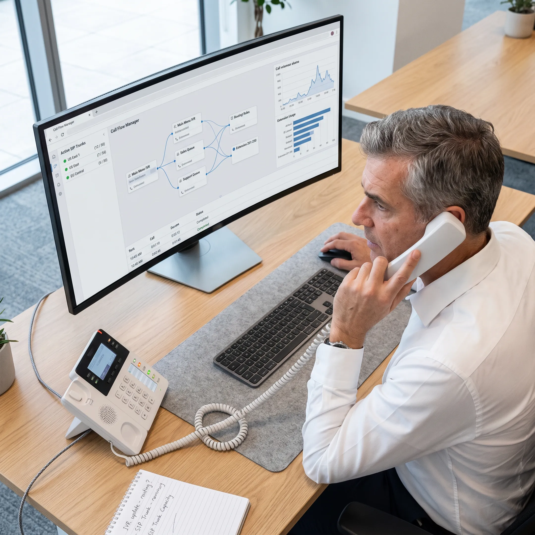 Business telecommunications dashboard illustrating cloud VoIP call routing