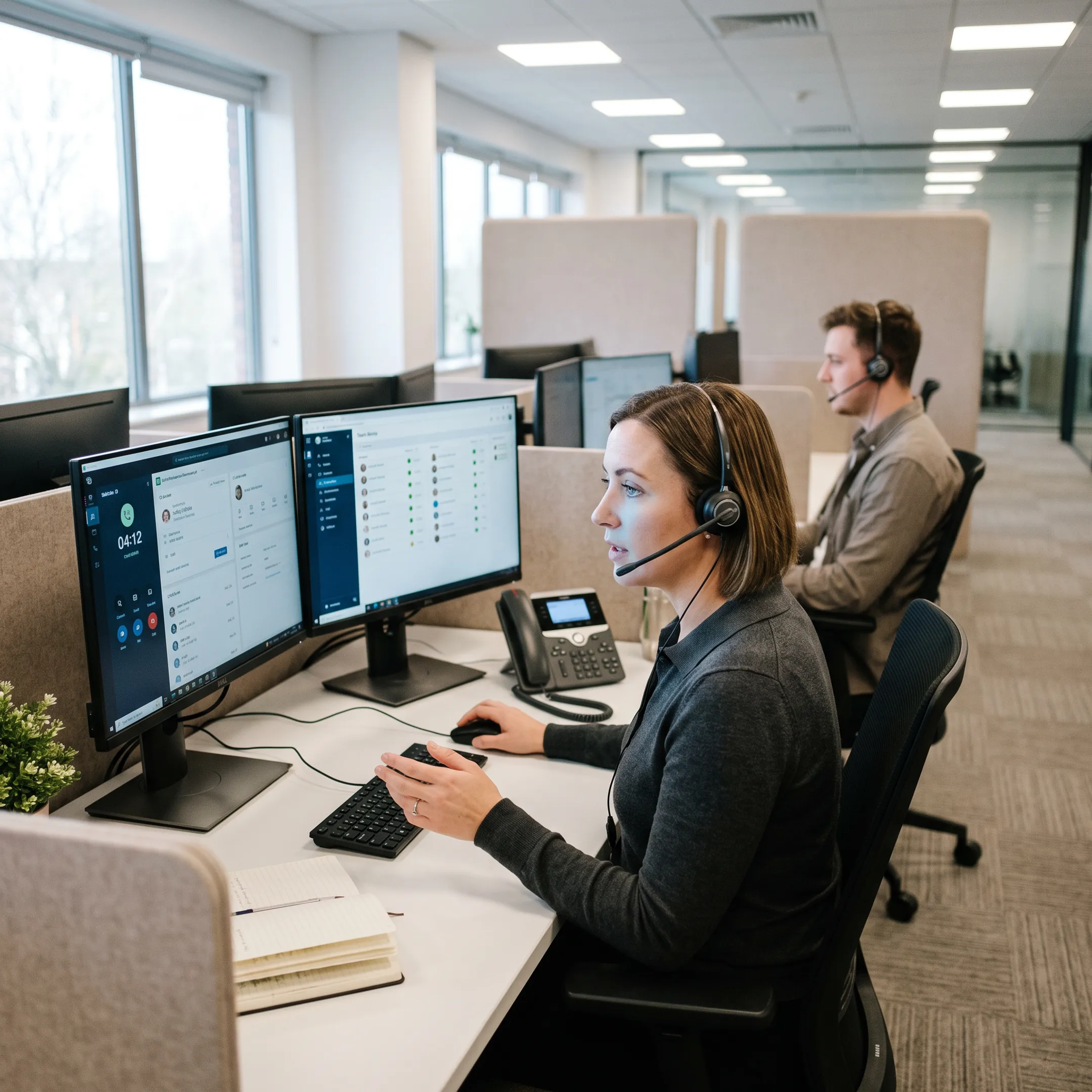 Professional team managing business communications on headsets