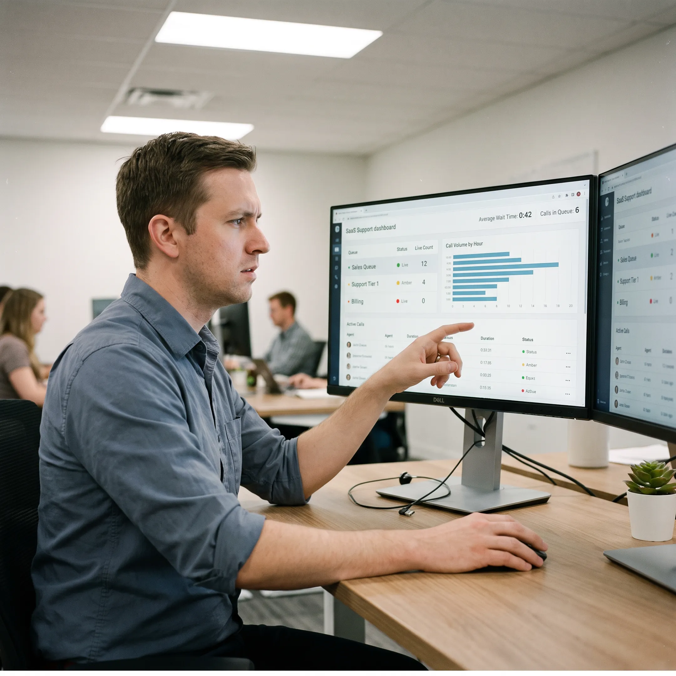 Customer service representative analyzing call analytics on computer display in modern office