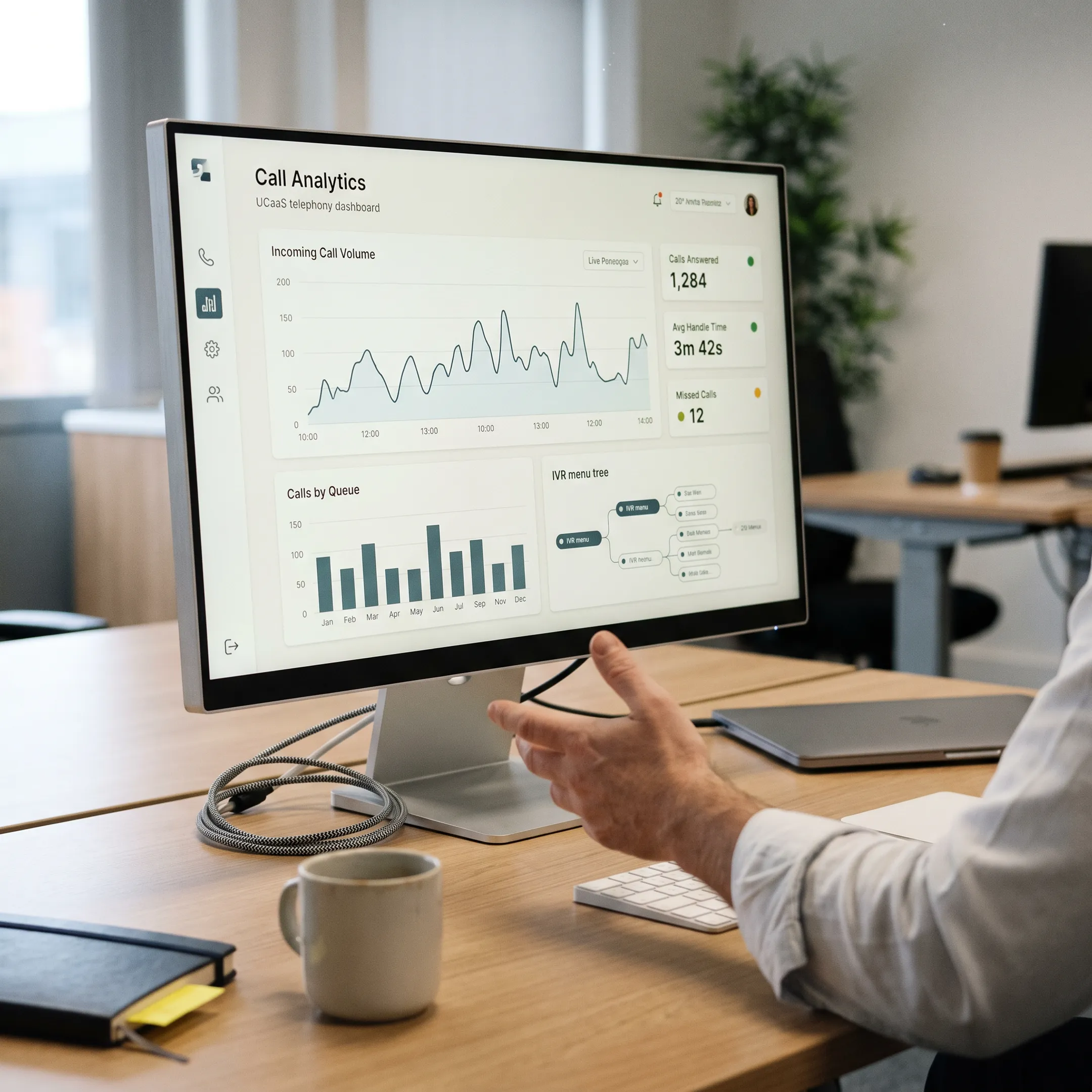 Cloud-hosted telecom software interface managing automated call distribution and voice queues