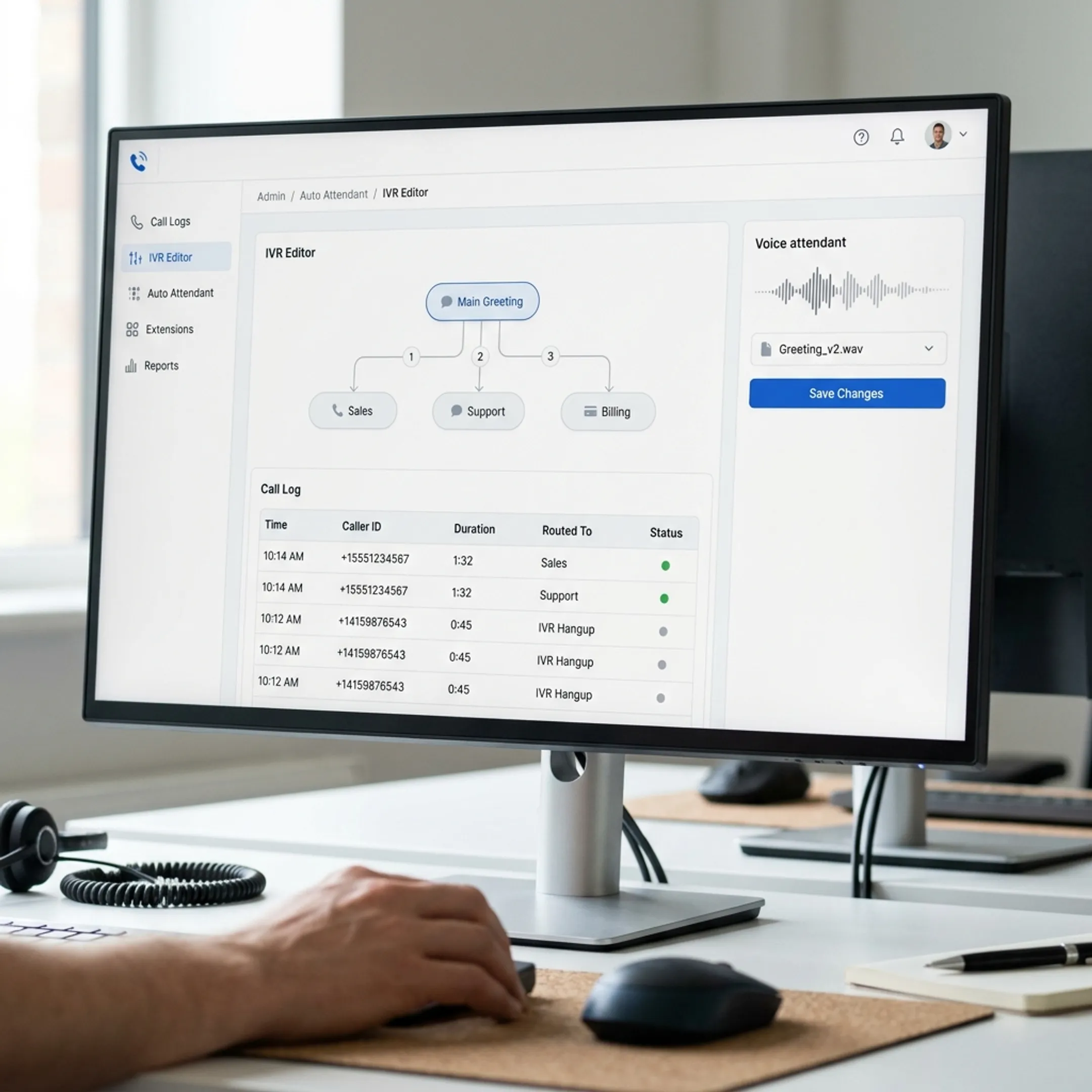 Business dashboard demonstrating automated AI phone call routing and IVR menus