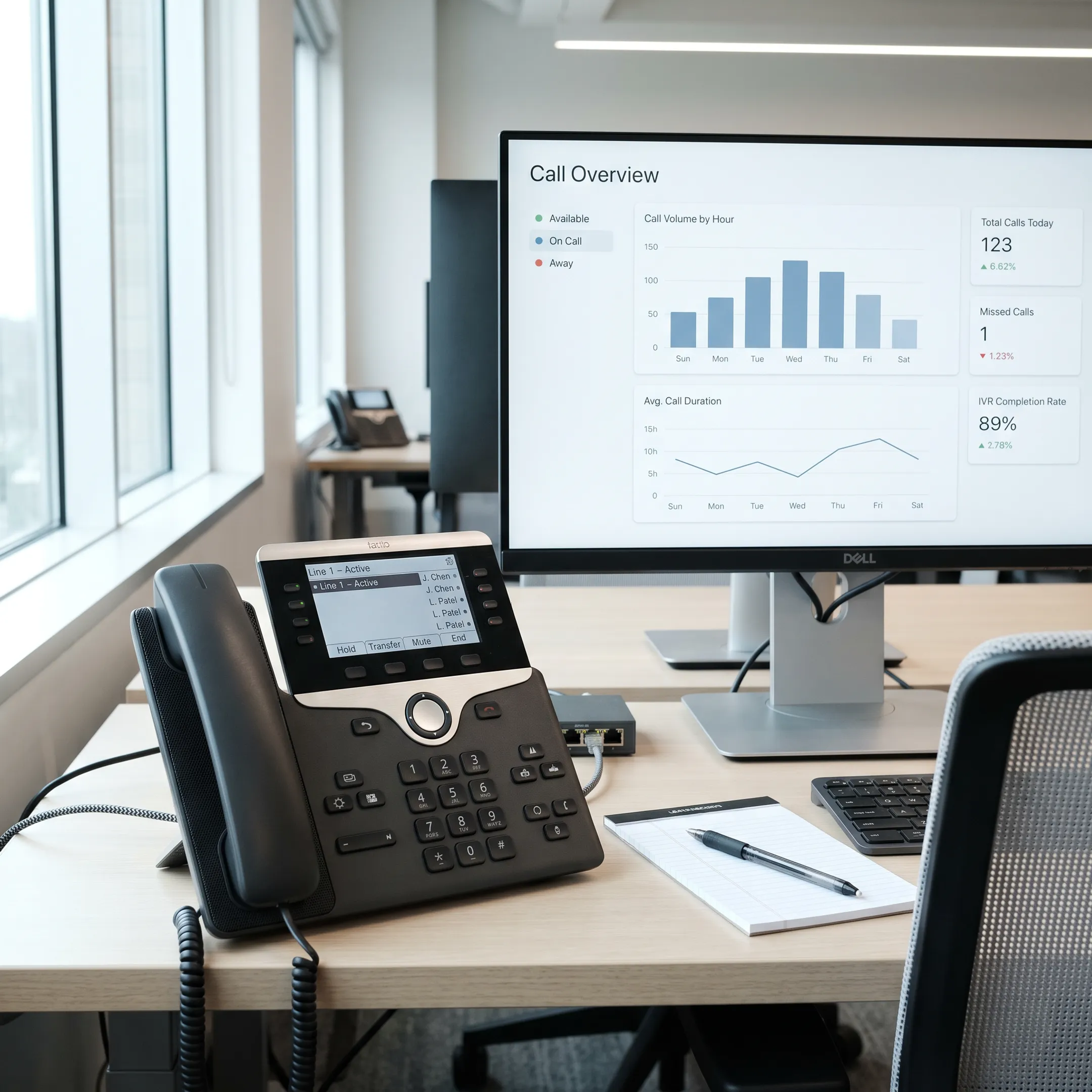 Enterprise office desk with modern VoIP phone system connected to cloud infrastructure