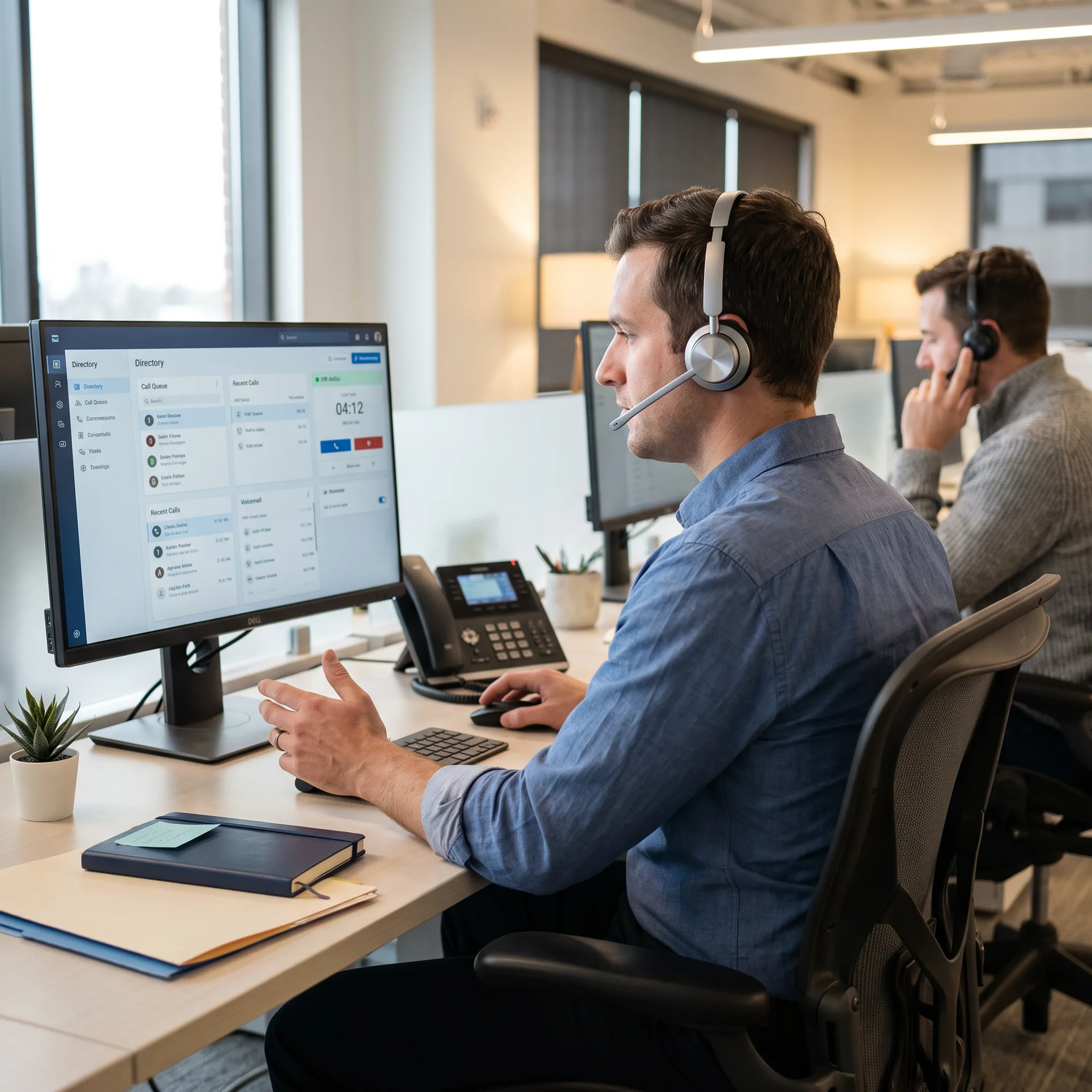 Business professionals using modern VoIP telecommunications headsets in an office