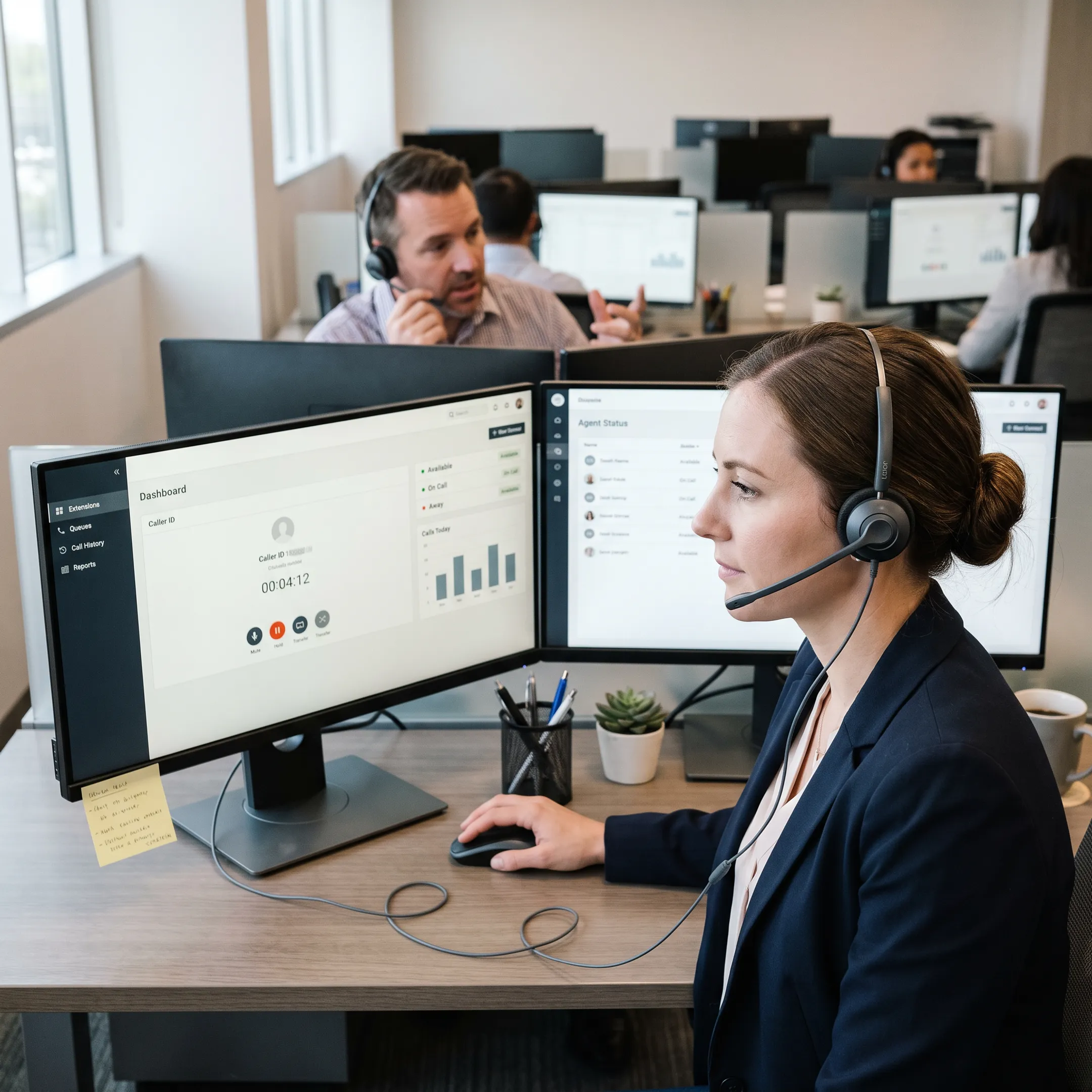 Team using cloud business phone system headsets and VoIP software