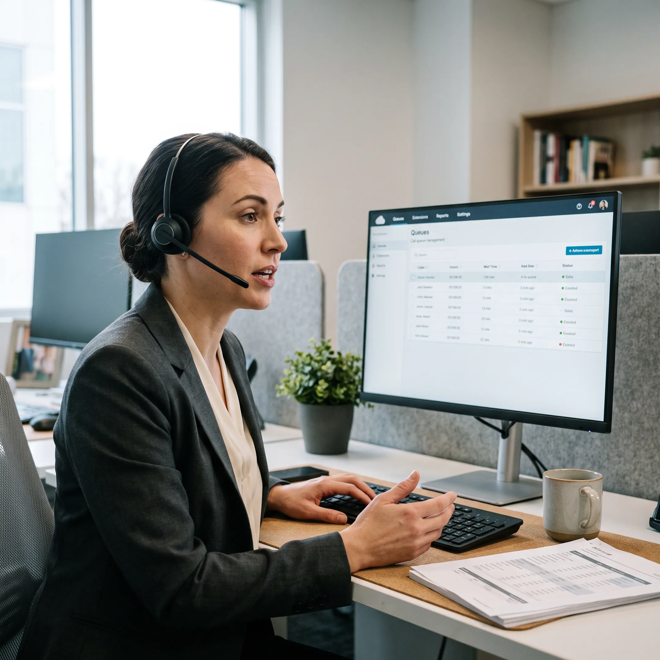 Enterprise professional using a business VoIP headset and cloud communications platform