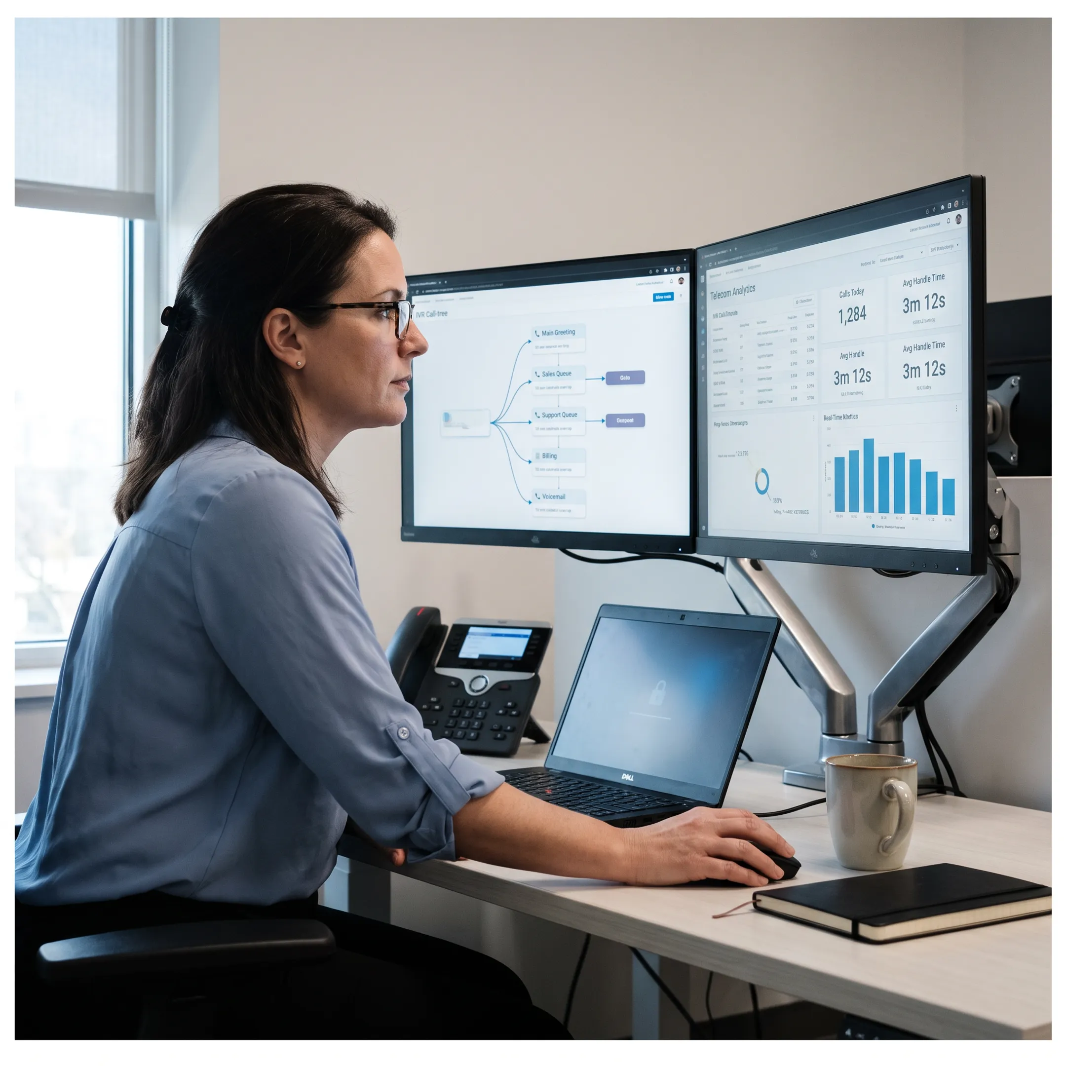 Business professional managing inbound call routing on an IVR telecommunications platform