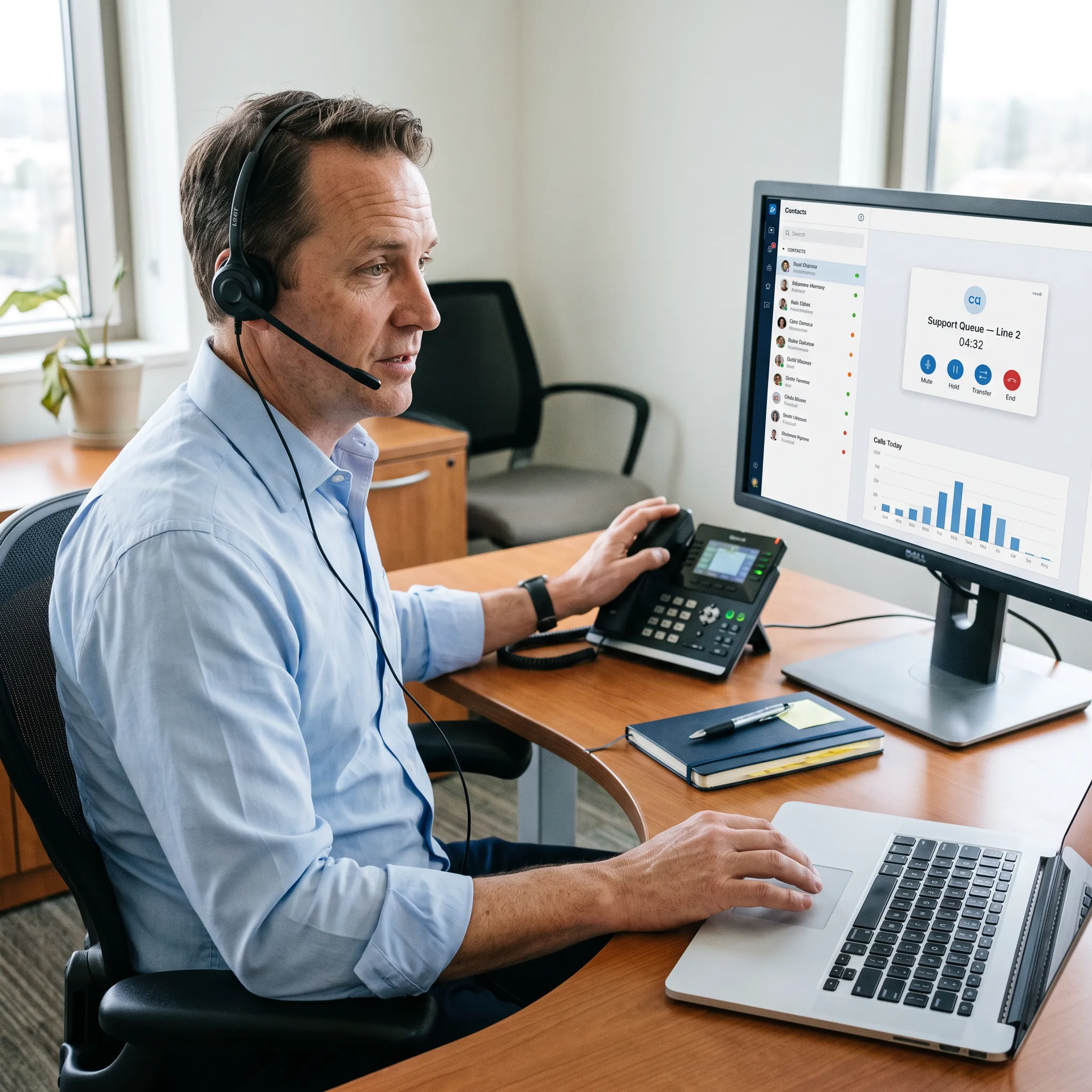 Corporate professional using a unified communications headset and phone