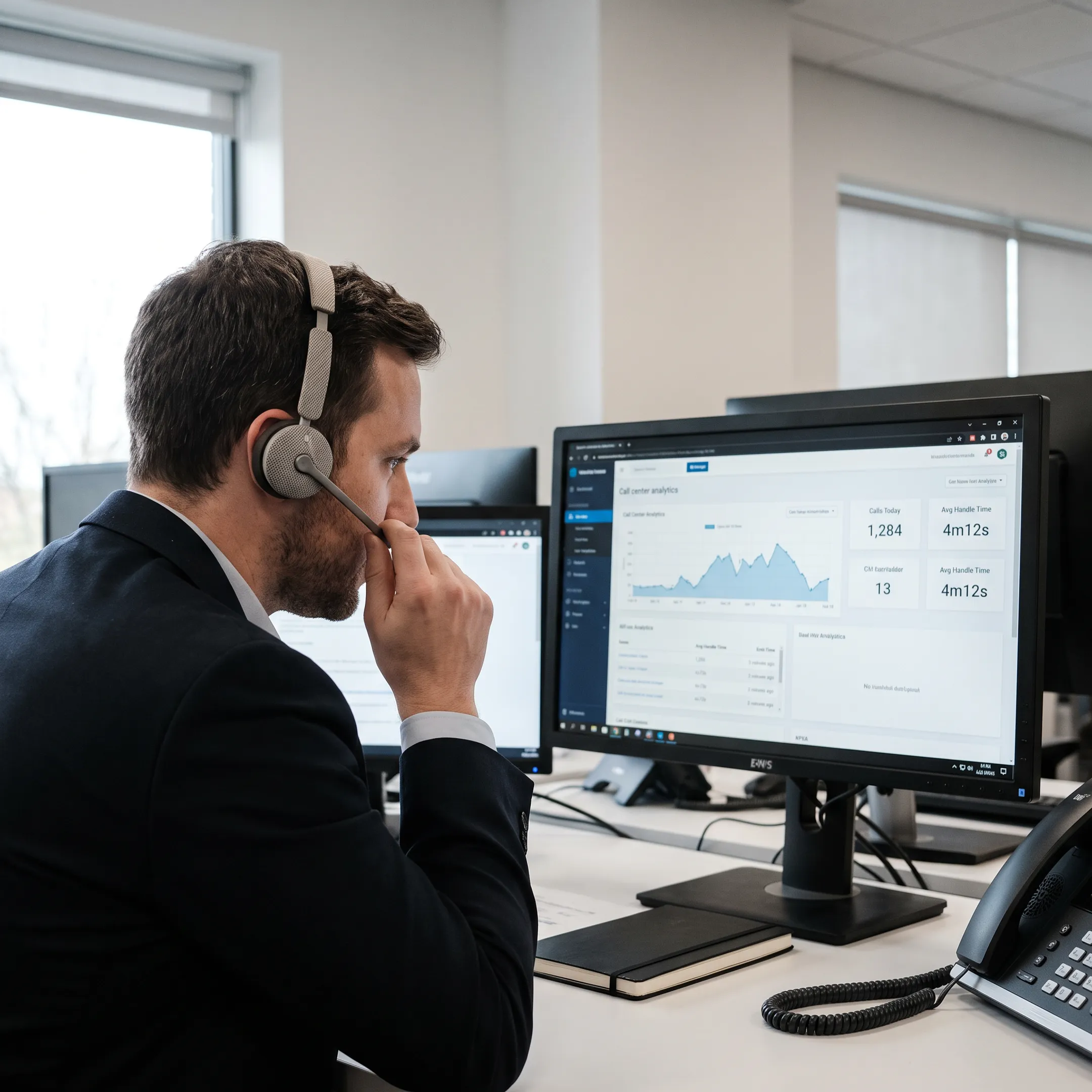 Business professional using a cloud VoIP phone in a corporate office setting
